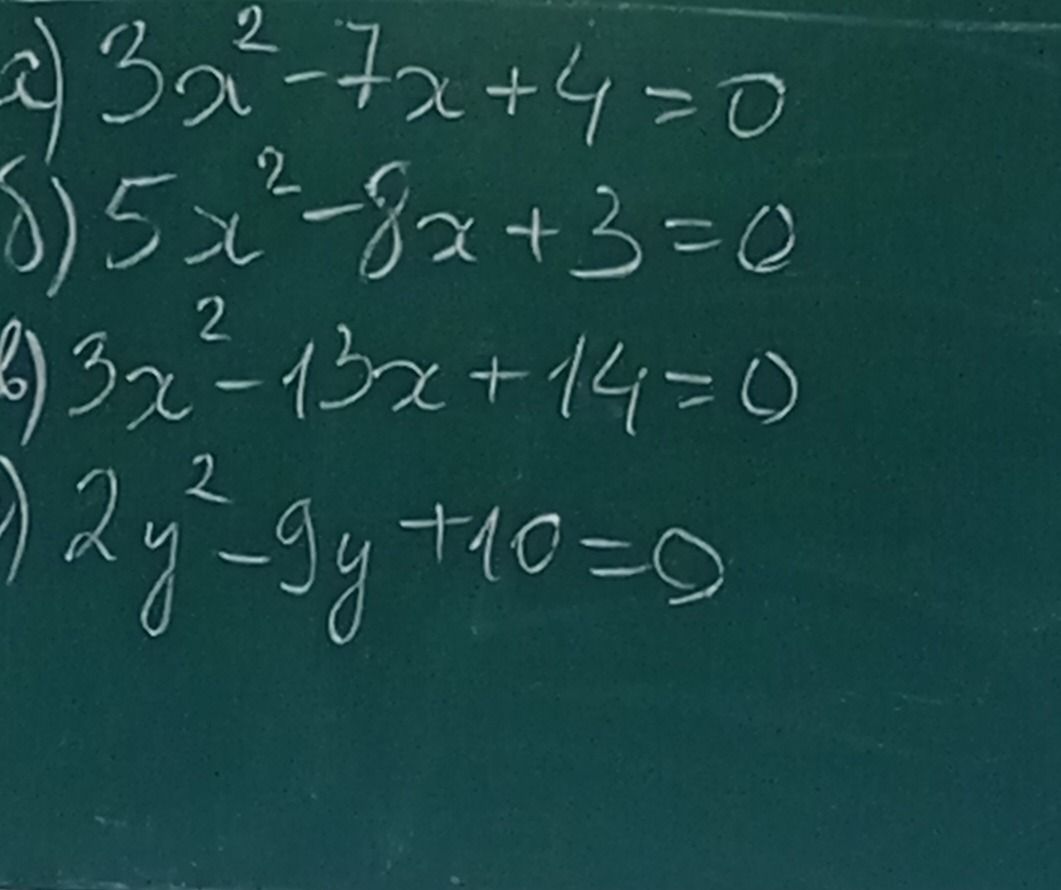 Фото задания: Решить уравнения: а) 3x² − 7x + 4 = 0; б) 5x² − 8x + 3 = 0; в) 3x² − 13x + 14 = 0; г) 2y² − 9y + 10 = 0.