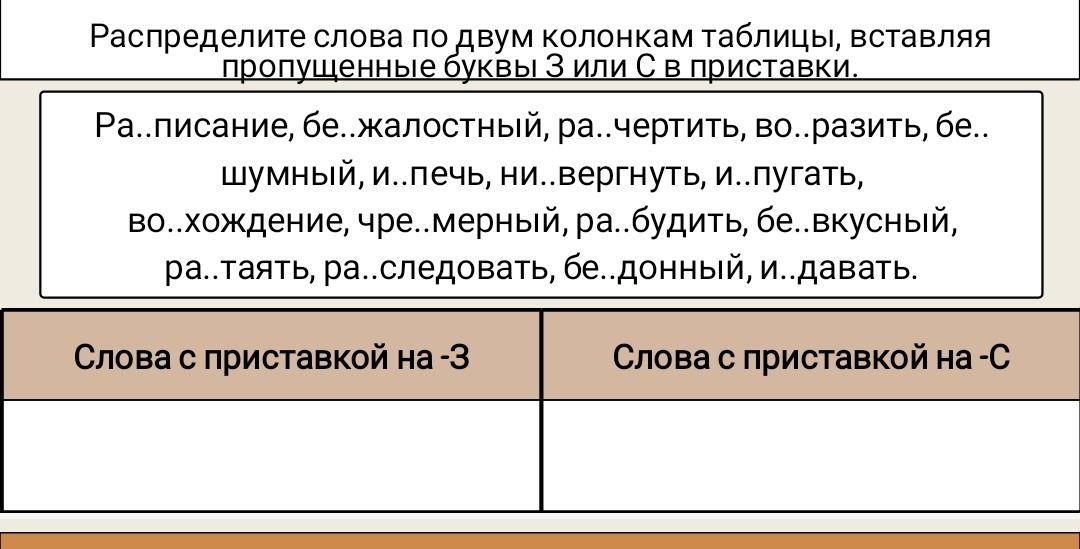Фото задания: Распределите слова по двум колонкам таблицы, вставляя пропущенные буквы З или С в приставки: Ра…писание, бе…жалостный,…