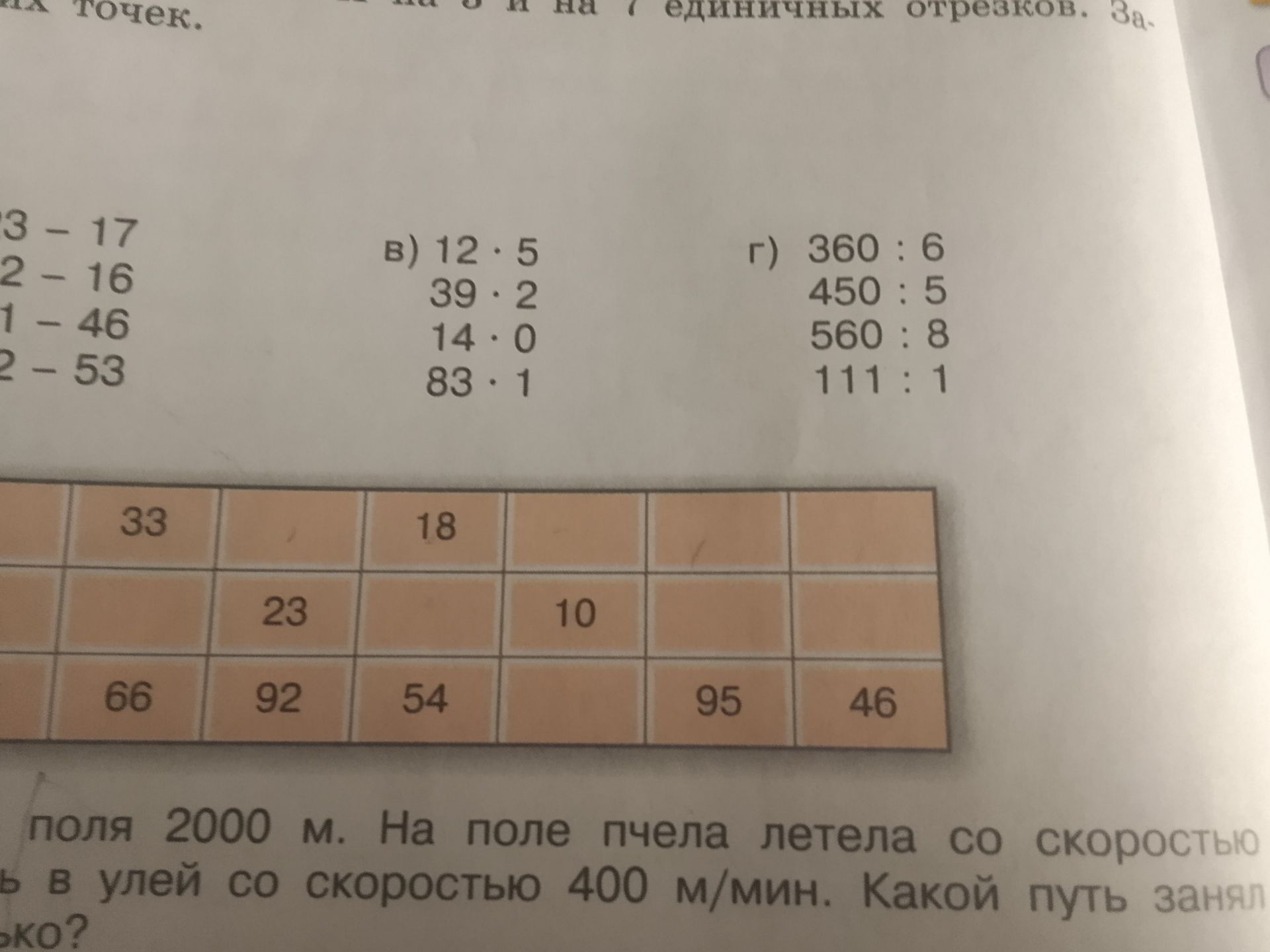 Фото задания: Вычислить: в) 12 · 5; 39 · 2; 14 · 0; 83 · 1. г) 360 : 6; 450 : 5; 560 : 8; 111 : 1.