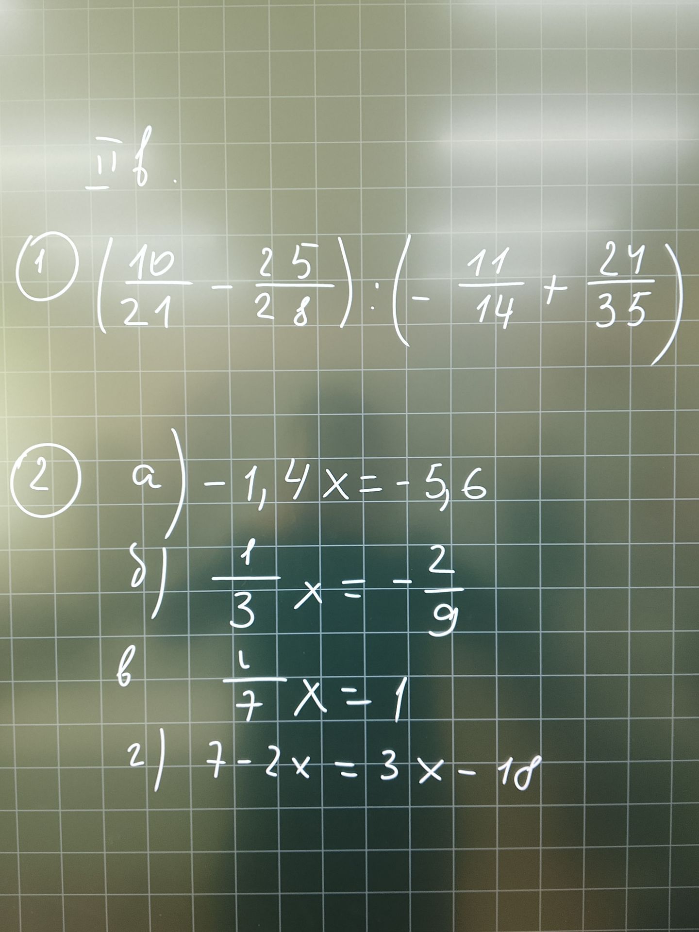 Фото задания: 1) \(\left(\frac{10}{21}-\frac{25}{28}\right):\left(-\frac{11}{14}+\frac{24}{35}\right)\)