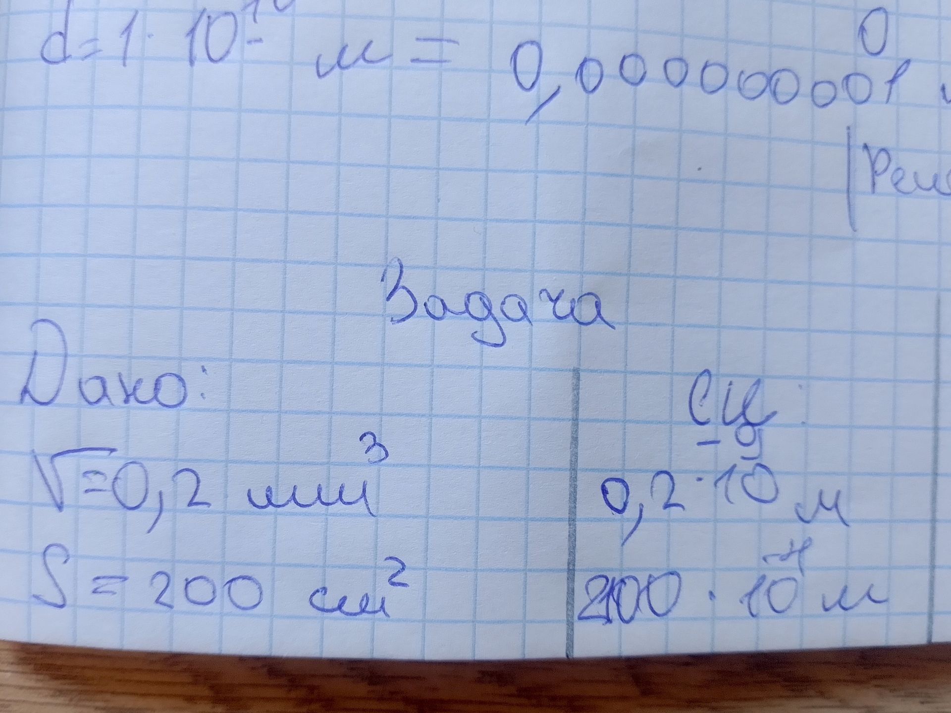 Фото задания: На фотографии видны отдельные записи: «q = 1·10⁻? мкКл = 0,000000? Кл», «Задача», «r = 0,2 мм» и «S = 200 см²», однако…