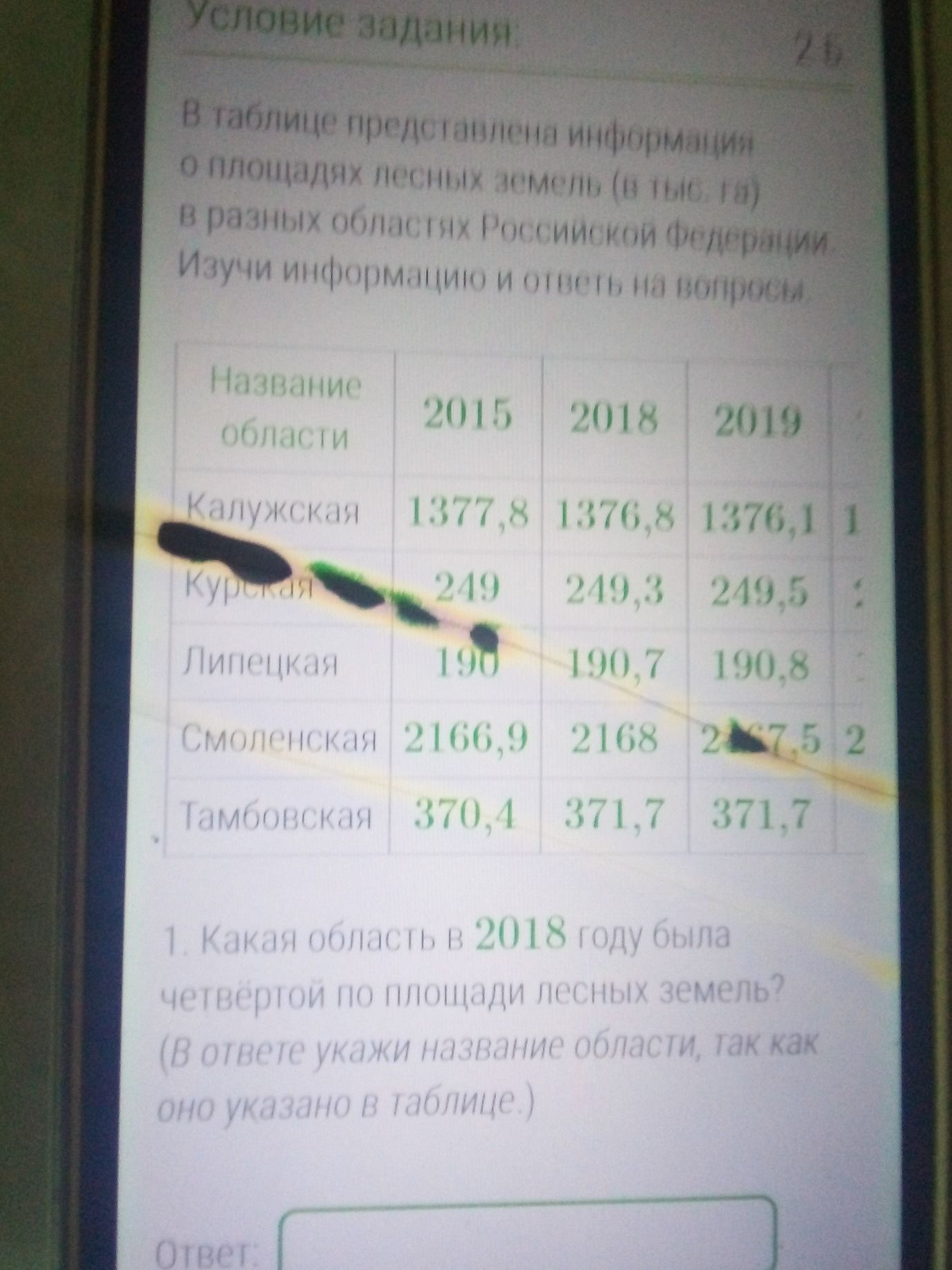 Фото задания: 1. Какая область в 2018 году была четвёртой по площади лесных земель?