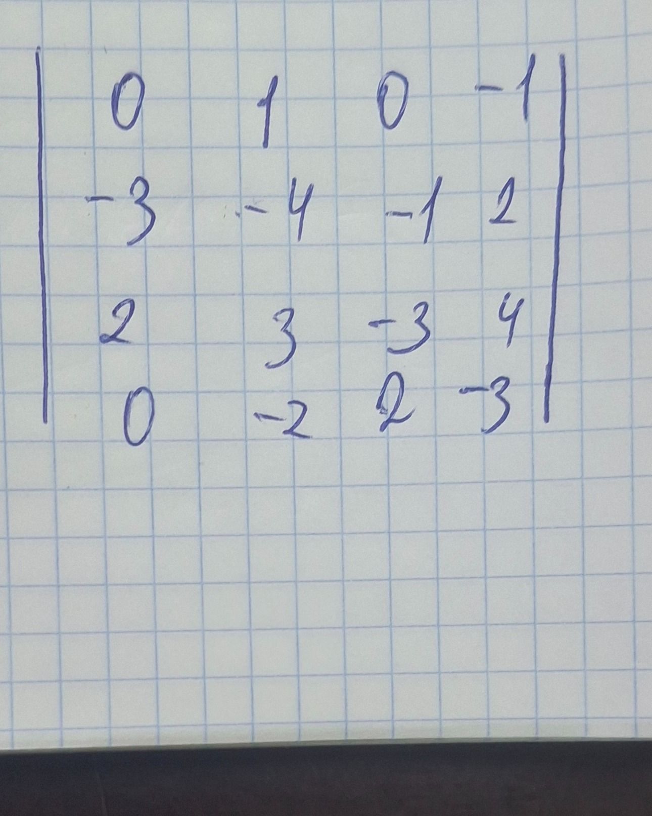 Фото задания: Вычислить определитель матрицы \(\begin{vmatrix}0&1&0&-1\\-3&-4&-1&2\\2&3&-3&4\\0&-2&2&-3\end{vmatrix}\).
