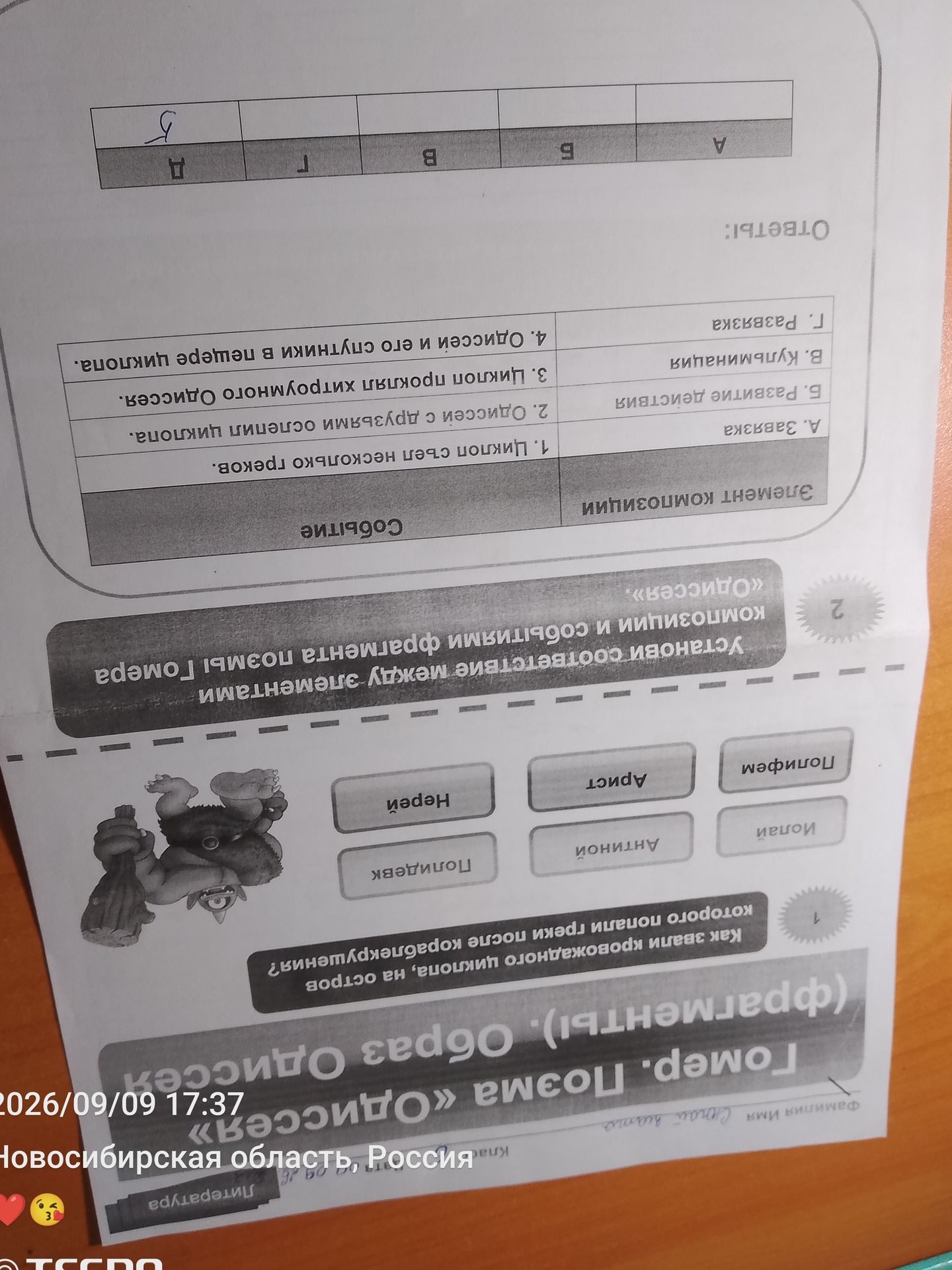 Фото задания: 1. Как звали колдунью, превратившую спутников Одиссея в свиней на острове? А) Полифем Б) Мозай? В) Аргус Г) Антино́й Д)…