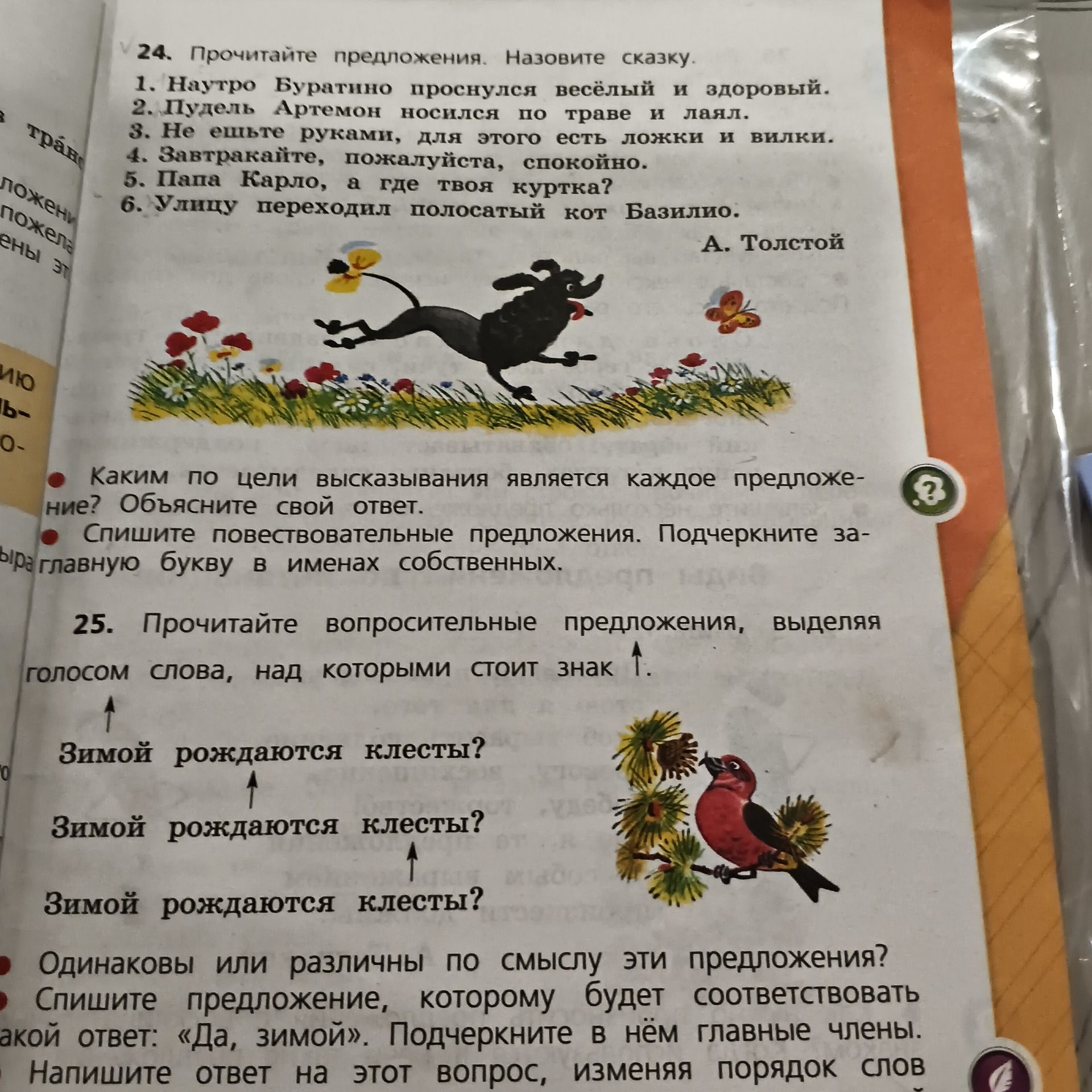 Фото задания: 25. Прочитайте вопросительные предложения, выделяя голосом слова, над которыми стоит знак. Зимой рождаются клесты? Зимой…