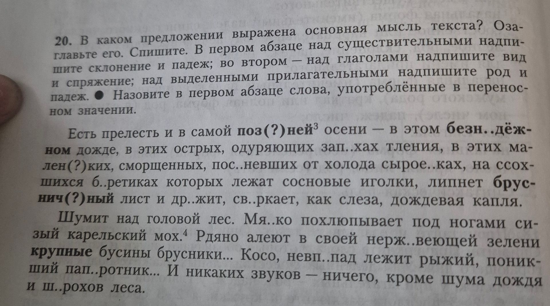 Фото задания: 20. В каком предложении выражена основная мысль текста? Озаглавьте его. Спишите. В первом абзаце над существительными…