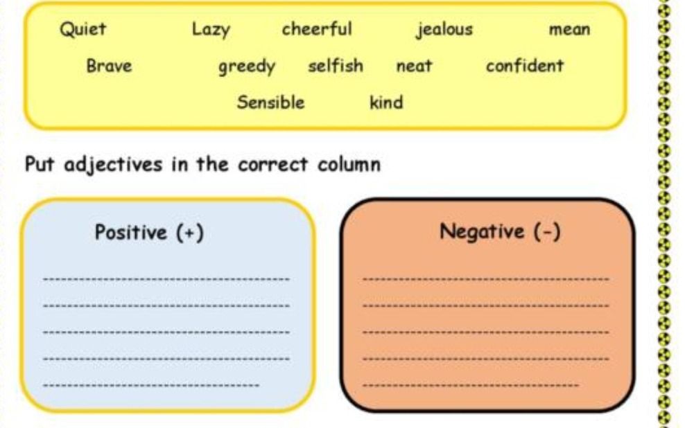 Фото задания: Put adjectives in the correct column: Quiet, Lazy, cheerful, jealous, mean, Brave, greedy, selfish, neat, confident,…