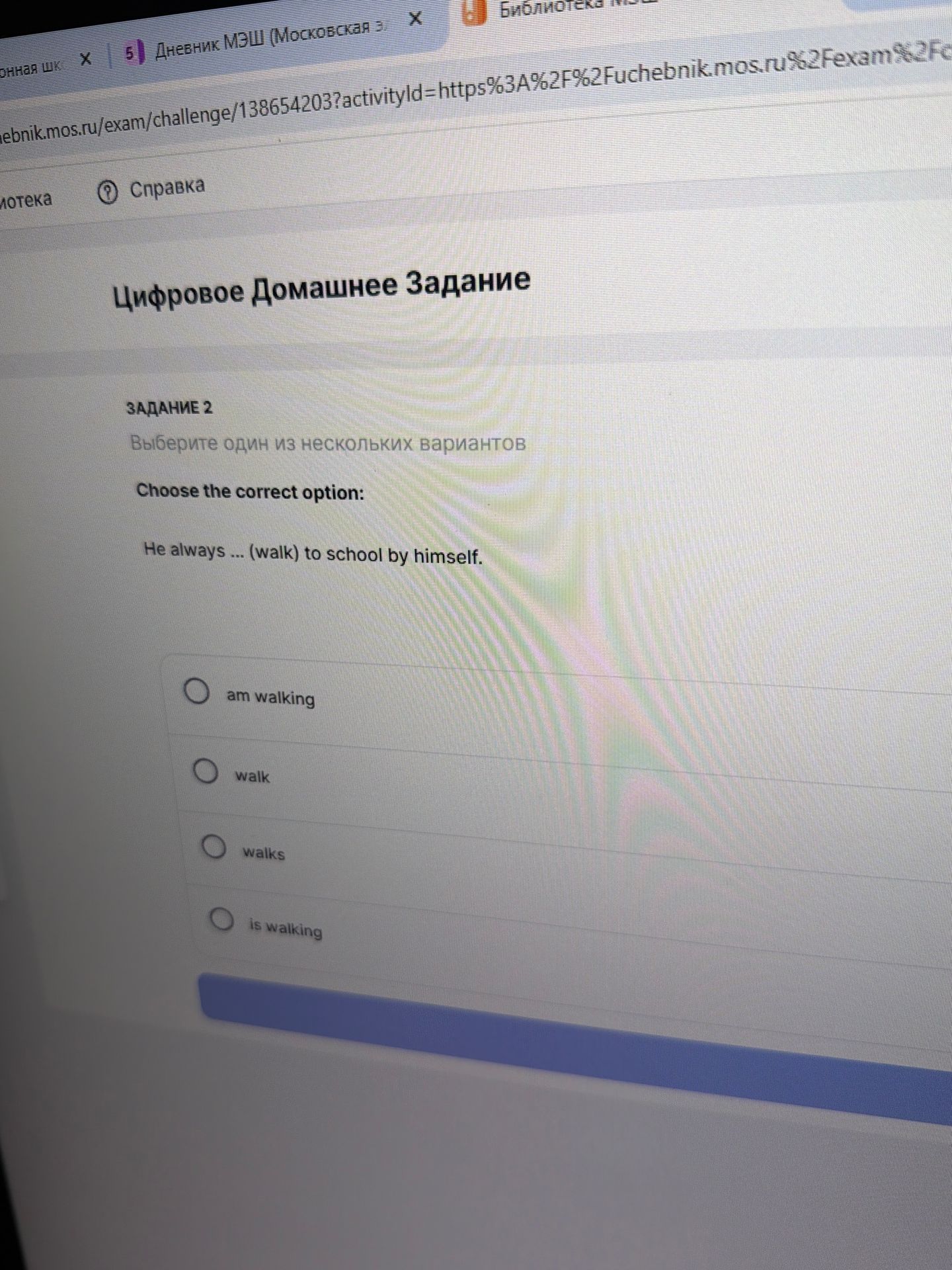 Фото задания: Choose the correct option: He always ... (walk) to school by himself. Options: am walking; walk; walks; is walking.