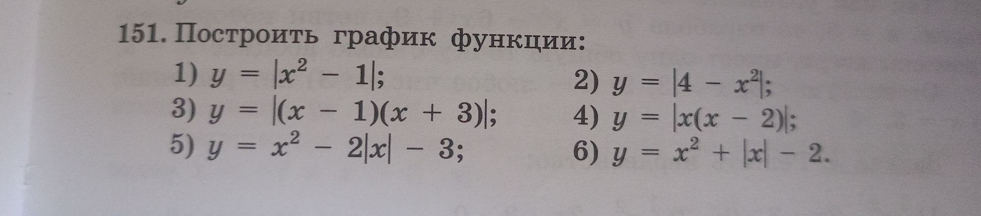 Фото задания: 151. Построить график функции: 1) y = |x² − 1|; 2) y = |4 − x²|; 3) y = |(x − 1)(x + 3)|; 4) y = |x(x − 2)|; 5) y = x² − 2|x|…