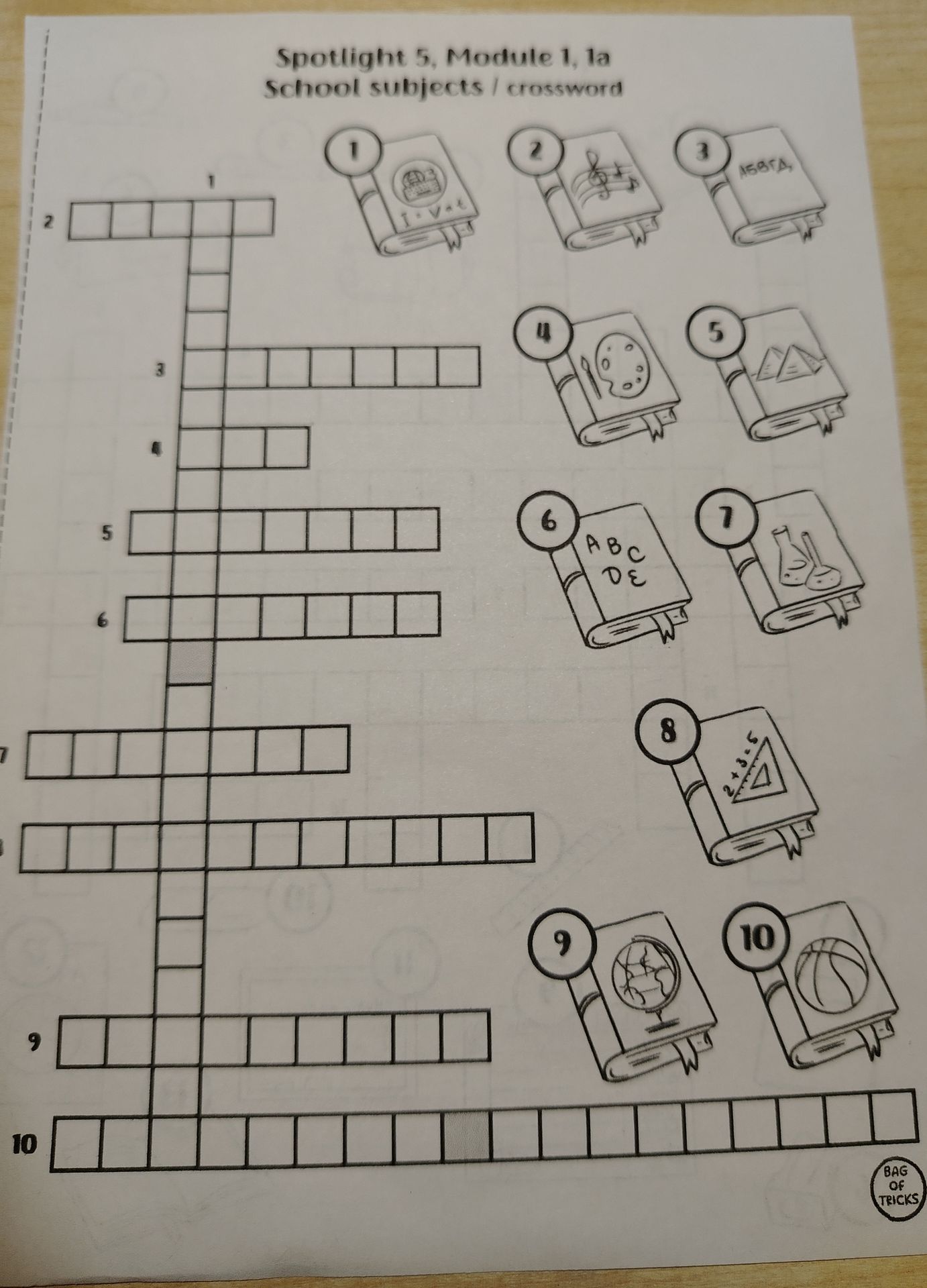 Фото задания: Spotlight 5, Module 1, 1a. School subjects / crossword. Match the pictures with the school subjects.