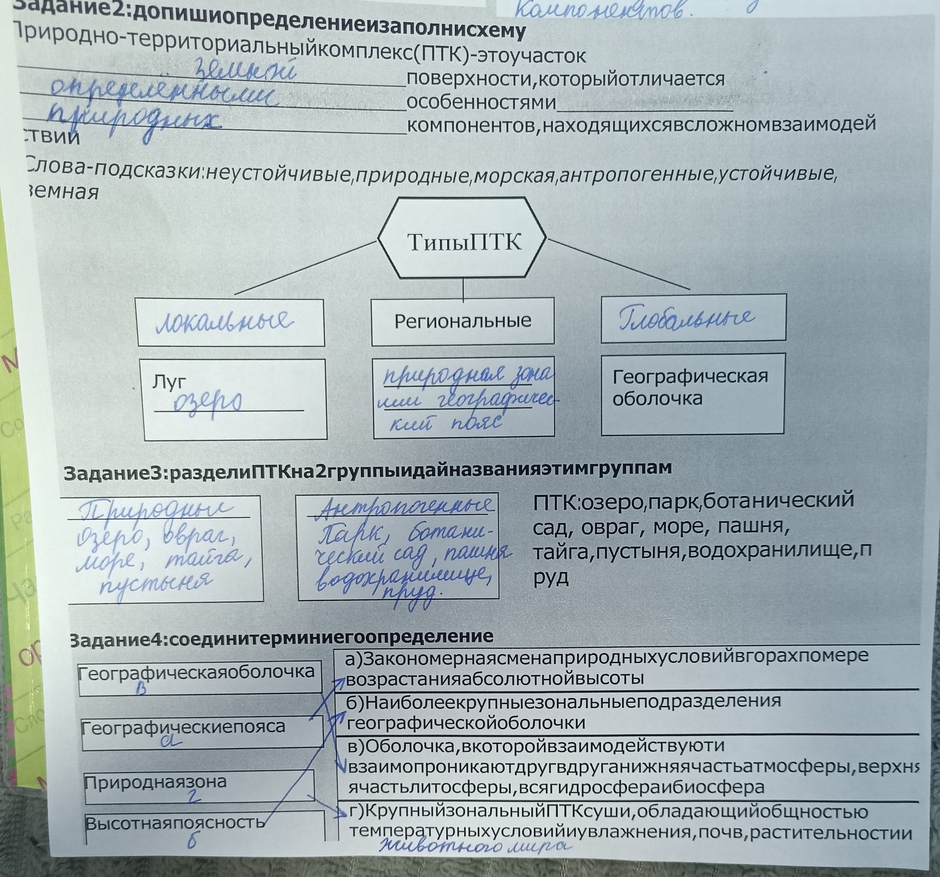 Фото задания: Задание 2. Допишите определения и заполните схему. Природно-территориальный комплекс (ПТК) — это участок ______…
