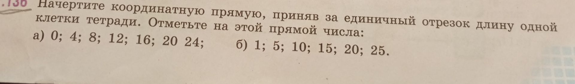 Фото задания: 130. Начертите координатную прямую, приняв за единичный отрезок длину одной клетки тетради. Отметьте на этой прямой числа: а)…