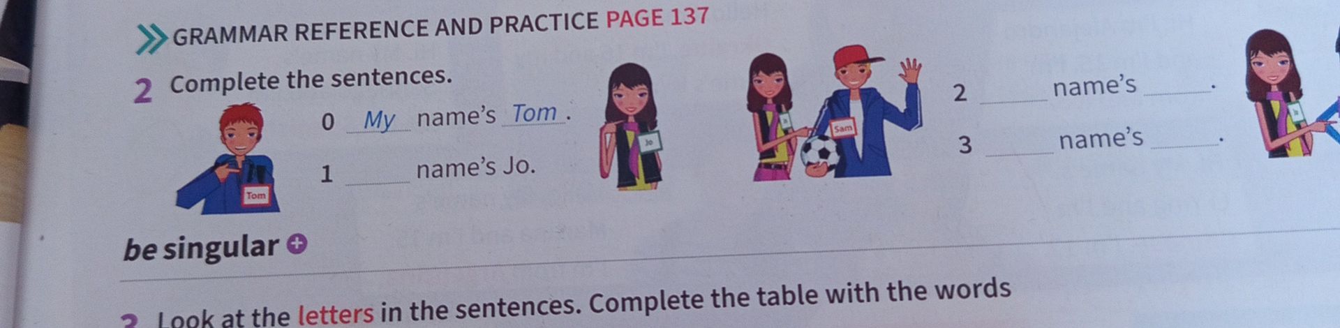 Фото задания: 2 Complete the sentences. 0 My name’s Tom. 1 ___ name’s Jo. 2 ___ name’s ___. 3 ___ name’s ___.