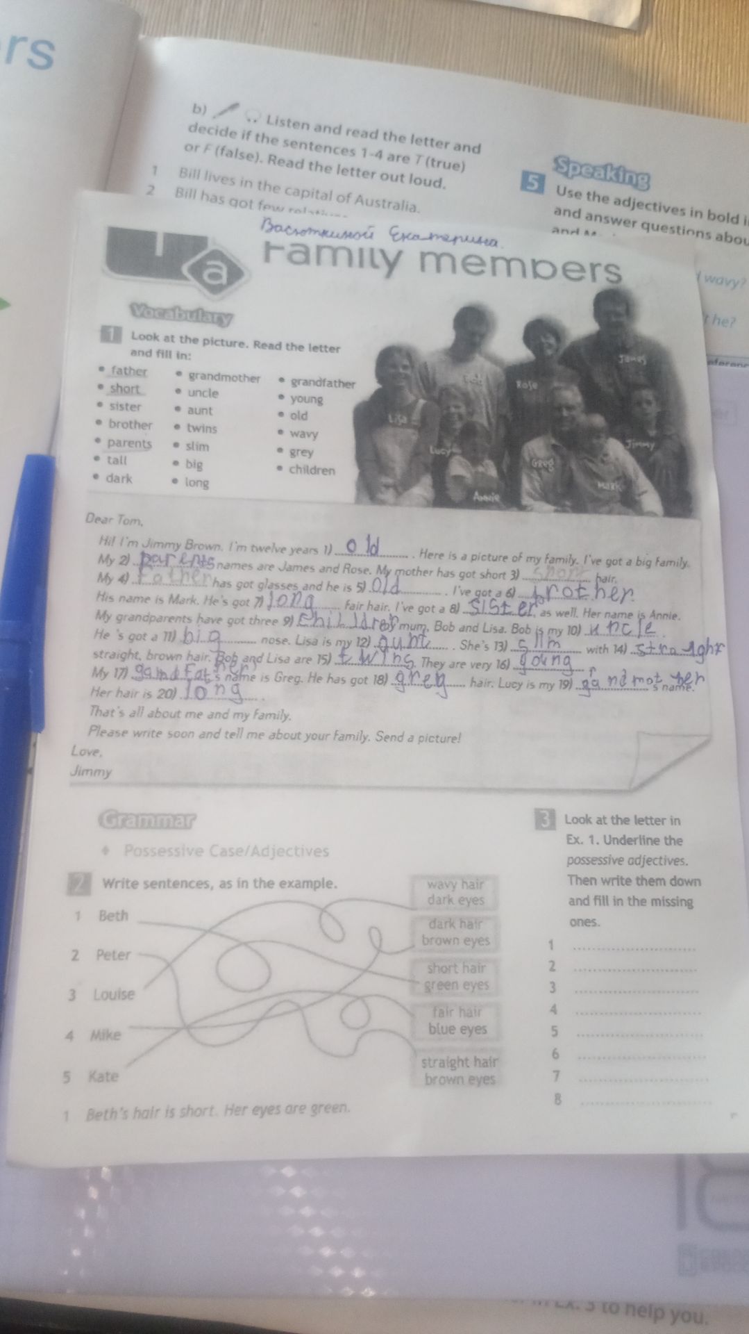 Фото задания: Grammar 2. Write sentences, as in the example. Match Beth, Peter, Louise, Mike and Kate with the hair and eye descriptions:…