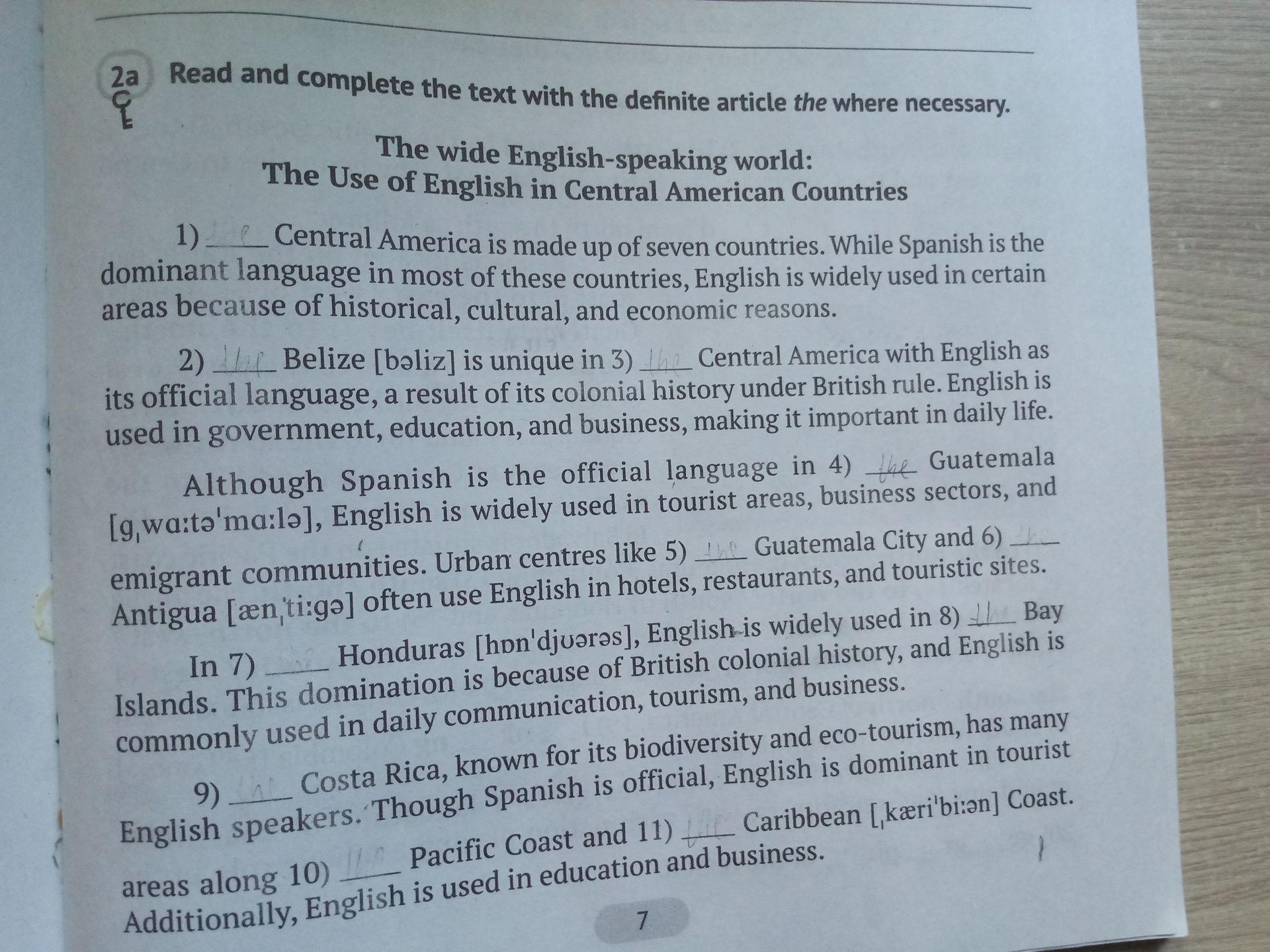 Фото задания: Read and complete the text with the definite article the where necessary. 1) ___ Central America is made up of seven…