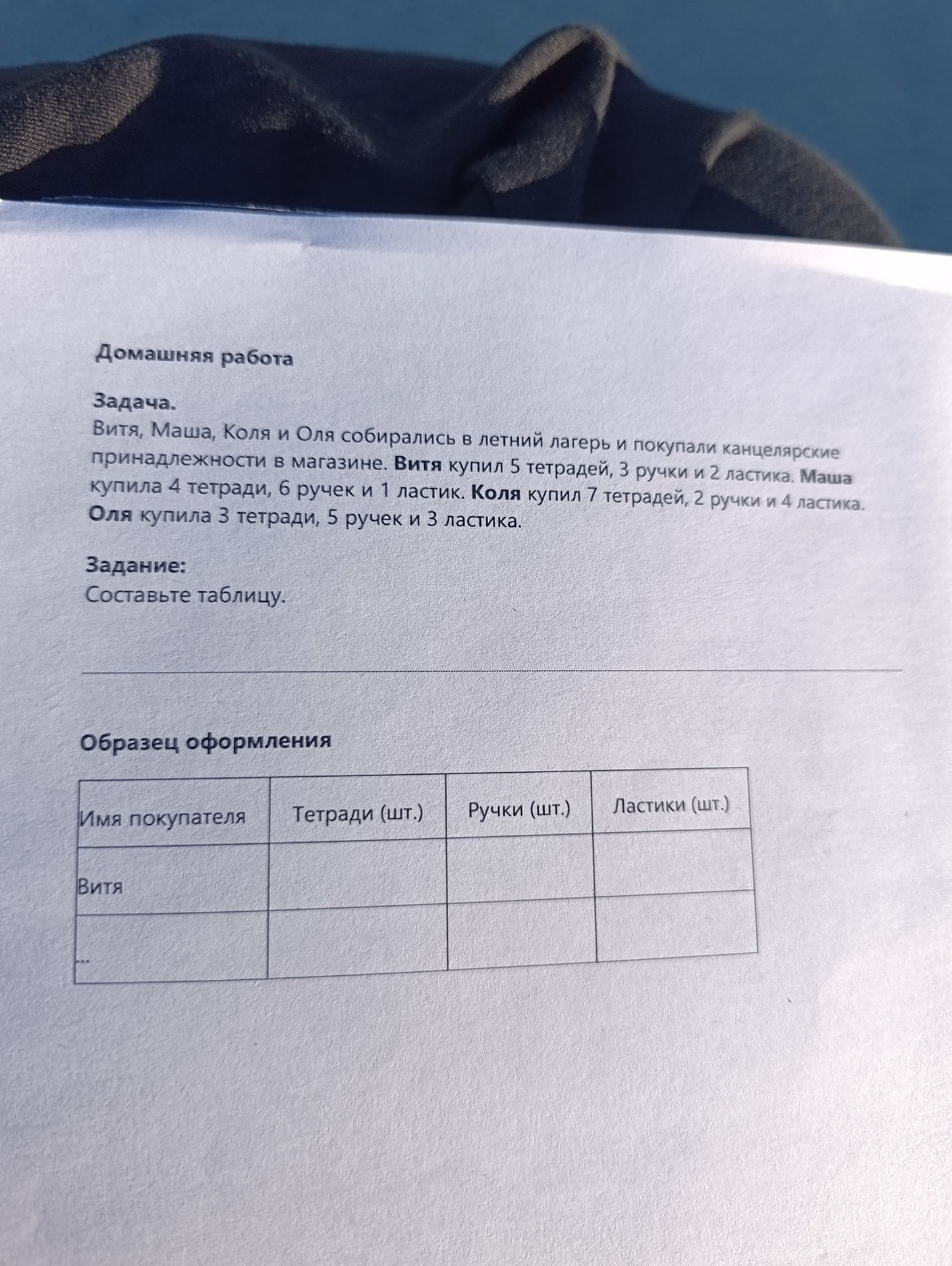 Фото задания: Витя, Маша, Коля и Оля собирались в летний лагерь и покупали канцелярские принадлежности в магазине. Витя купил 5 тетрадей, 3…
