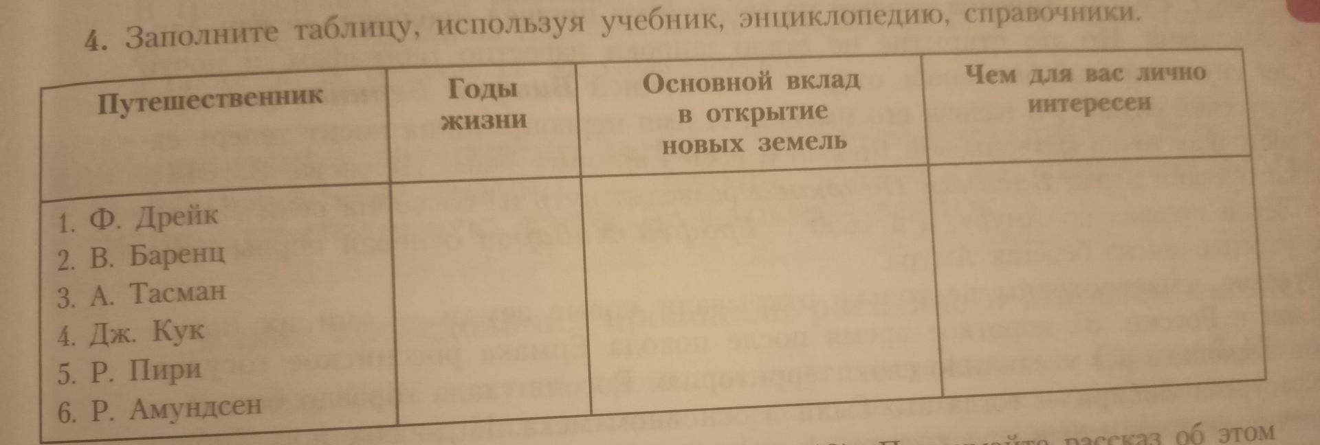Фото задания: 4. Заполните таблицу, используя учебник, энциклопедию, справочники: путешественник; годы жизни; основной вклад в открытие…