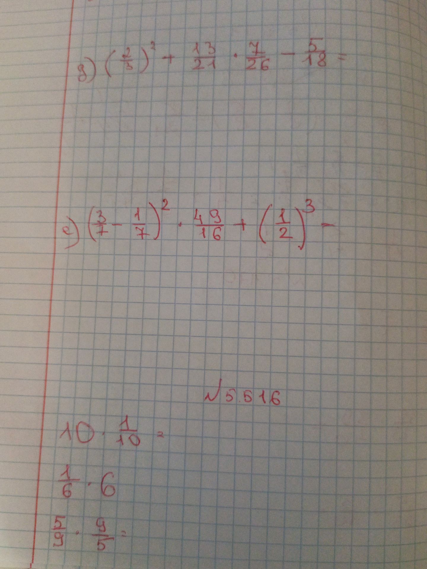 Фото задания: б) \(\left(\frac{2}{5}\right)^2+1\frac{3}{21}\cdot\frac{7}{26}-\frac{5}{18}\)