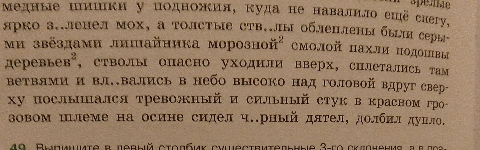 Фото задания: [Условие задания обрезано.] Вставьте пропущенные буквы в тексте: медные шишки у подножия, куда не навалило ещё снегу, ярко…
