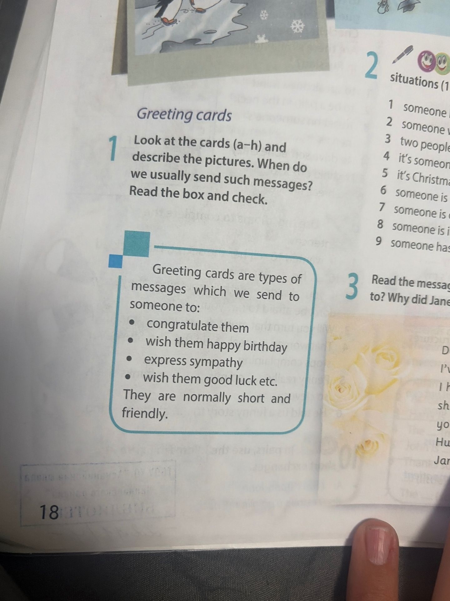 Фото задания: 1. Look at the cards (a–h) and describe the pictures. When do we usually send such messages? Read the box and check. [Cards…