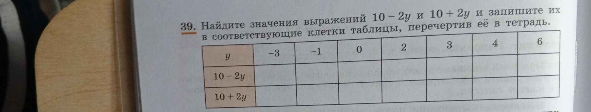 Фото задания: 39. Найдите значения выражений 10 − 2у и 10 + 2у и запишите их в соответствующие клетки таблицы: у = −3, −1, 0, 2, 3, 4, 6.