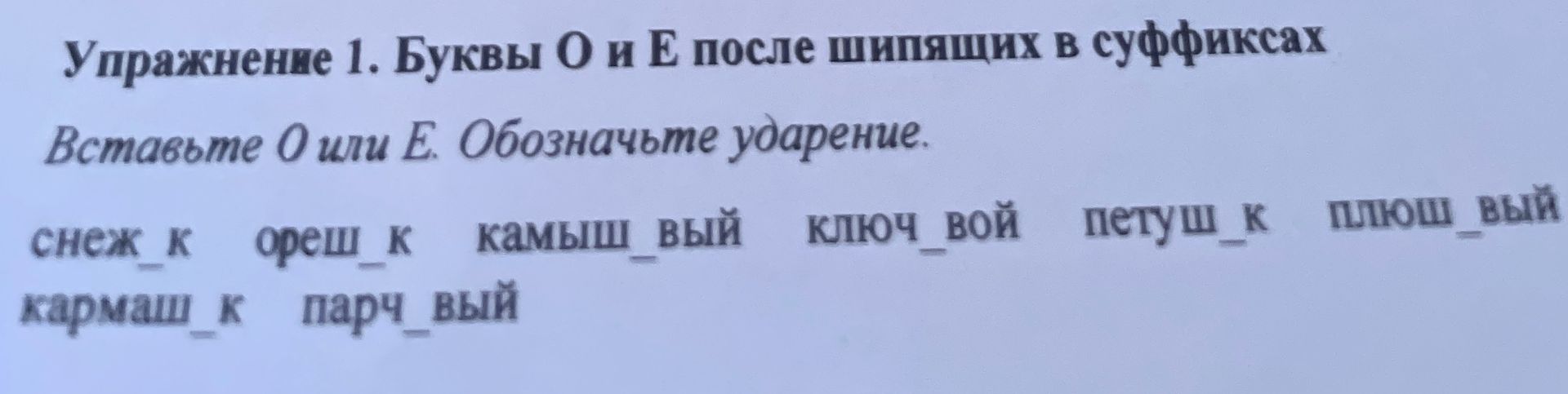 Фото задания: Вставьте О или Е. Обозначьте ударение: снеж_к, фреш_к, камыш_вый, ключ_вой, петуш_к, плюш_вый, кармаш_к, парч_вый.