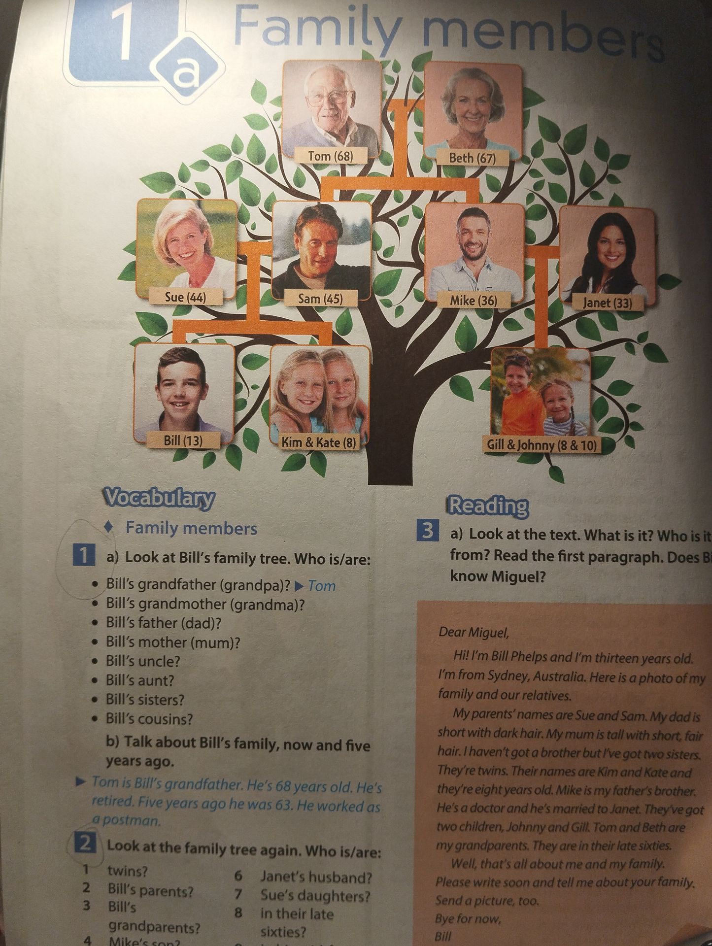 Фото задания: 2) Look at the family tree again. Who is/are: 1 twins? 2 Bill’s parents? 3 Bill’s grandparents? 4 Mike’s children? 5…
