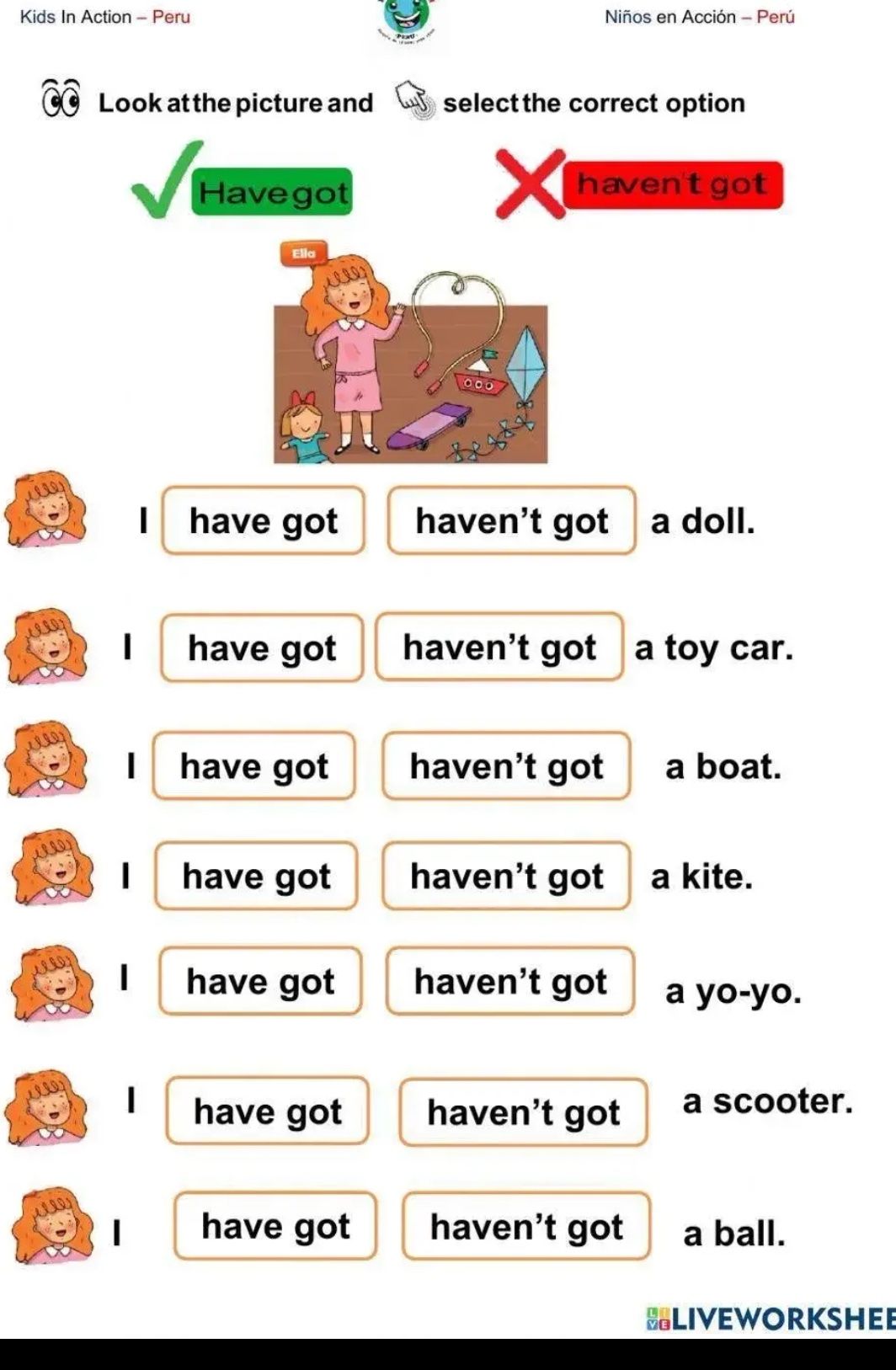 Фото задания: Look at the picture and select the correct option: I have got / haven’t got a doll. I have got / haven’t got a toy car. I…