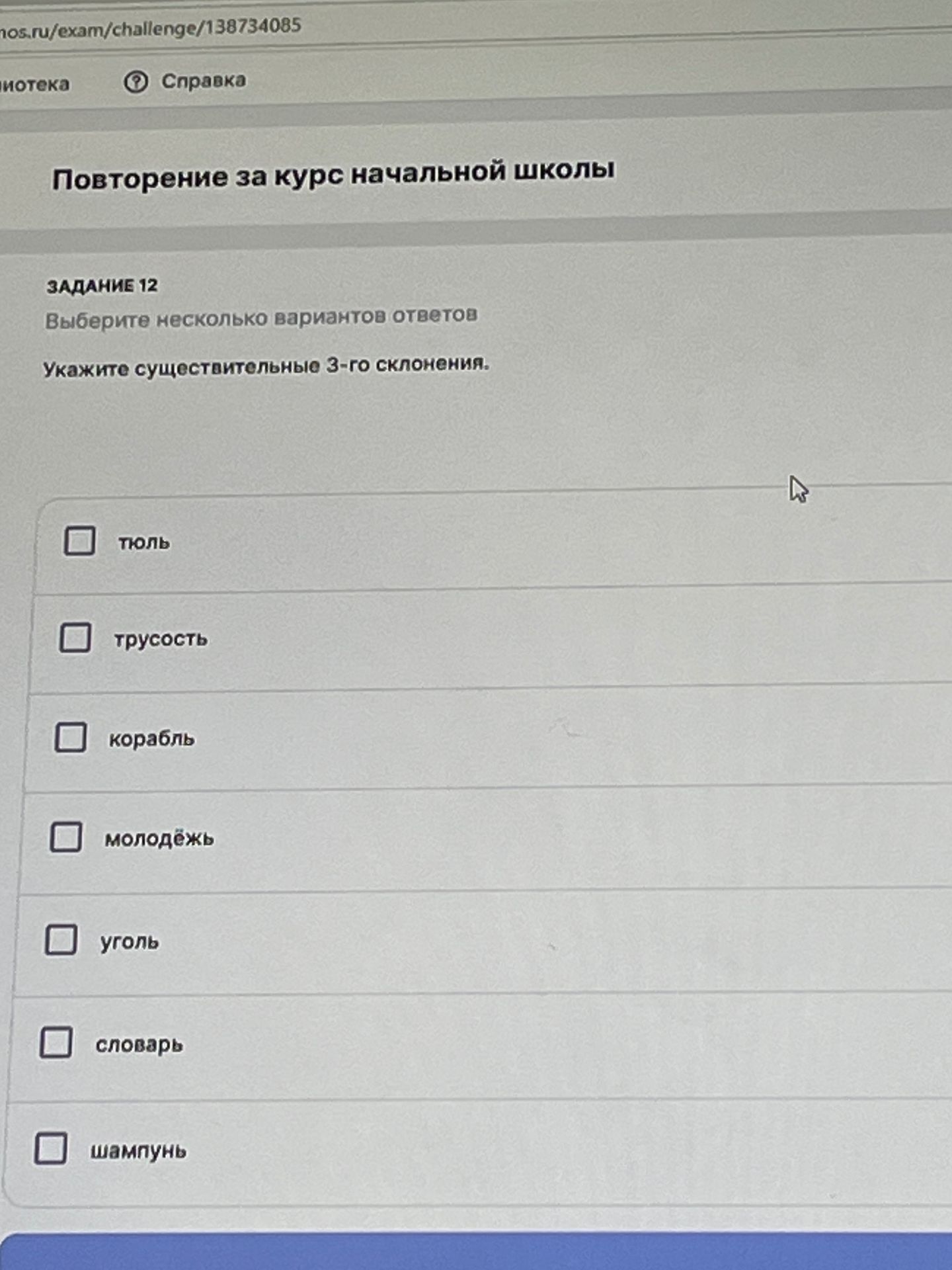 Фото задания: Укажите существительные 3-го склонения: тюль, трусость, корабль, молодёжь, уголь, словарь, шампунь.
