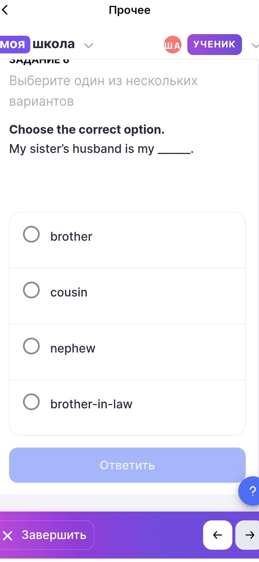 Фото задания: Choose the correct option. My sister’s husband is my _____. Options: brother, cousin, nephew, brother-in-law.