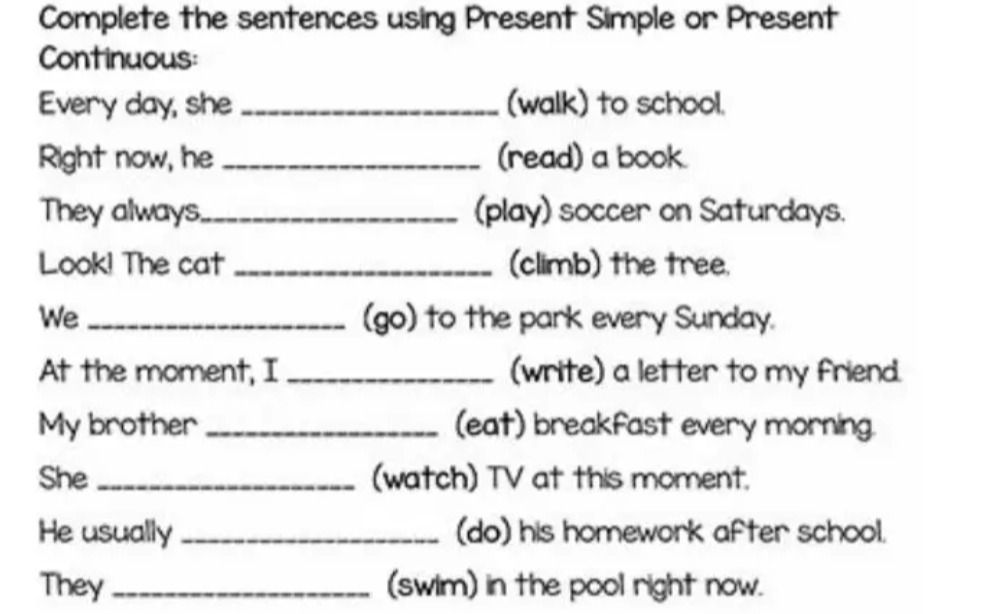 Фото задания: Complete the sentences using Present Simple or Present Continuous: Every day, she ______ (walk) to school. Right now, he…