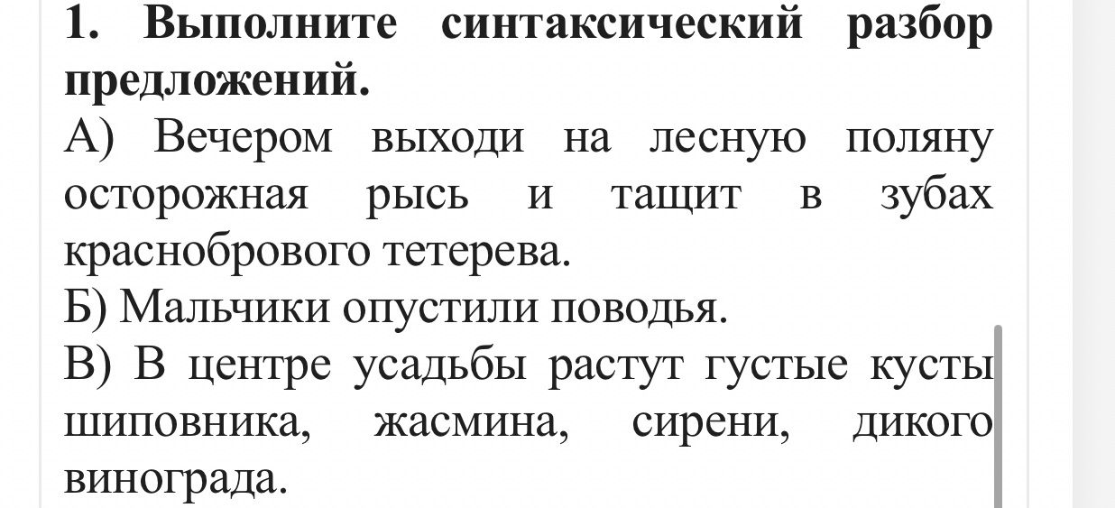 Фото задания: 1. Выполните синтаксический разбор предложений. А) Вечером выходи на лесную поляну осторожная рысь и тащит в зубах…