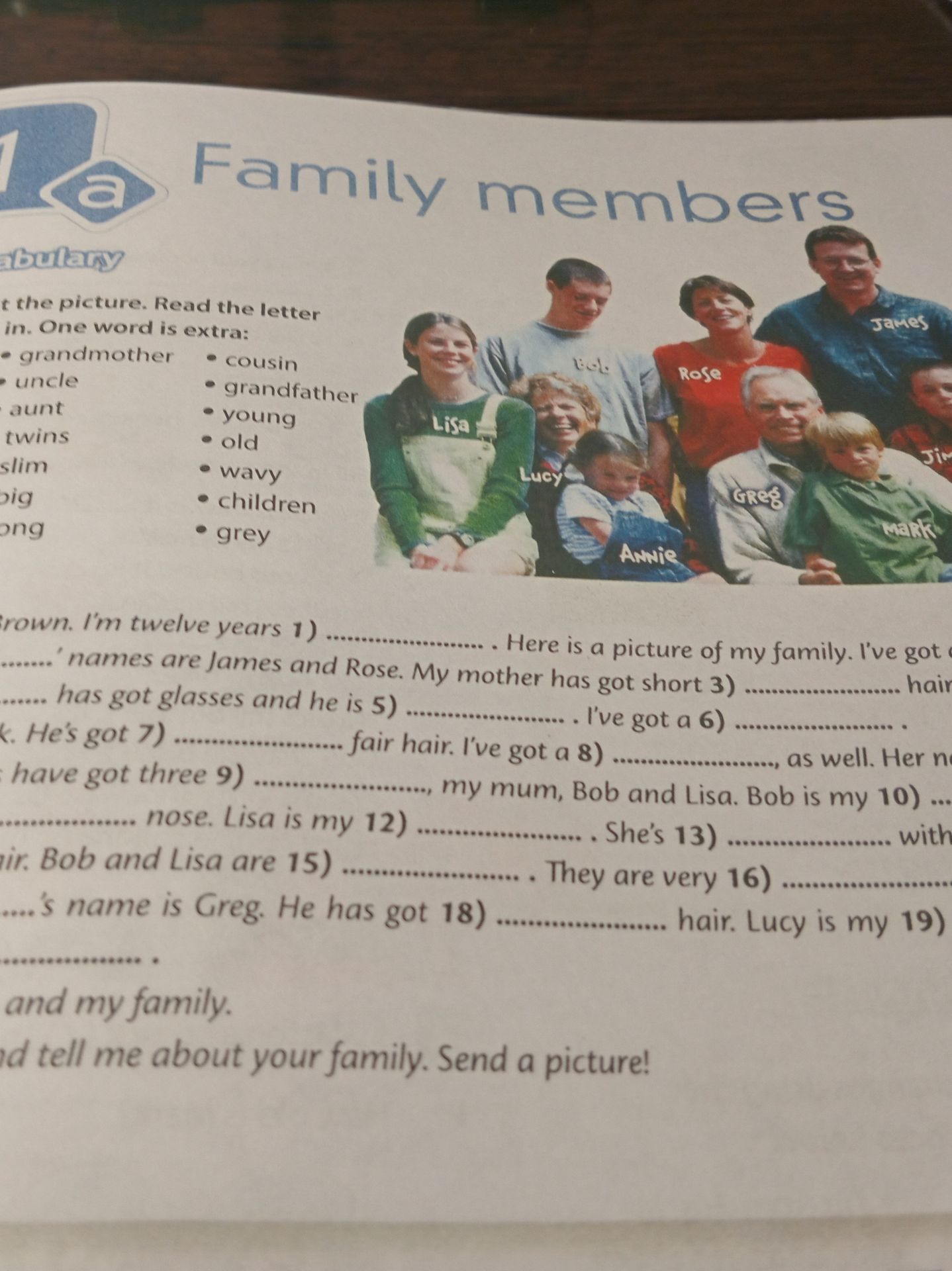 Фото задания: Family members. Look at the picture. Read the letter and complete the text with the words from the box. One word is extra.…