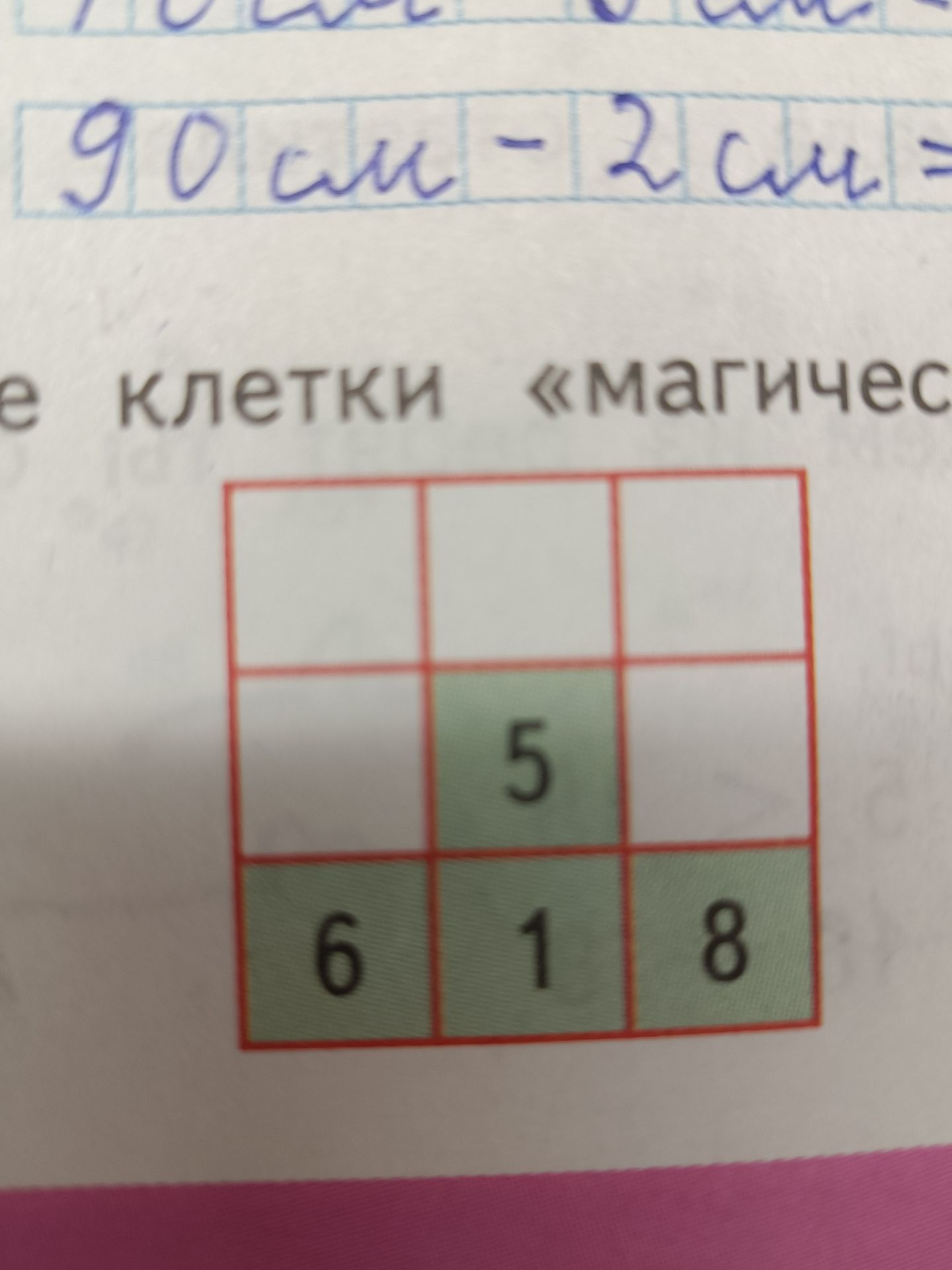 Фото задания: Заполнить магический квадрат 3×3. В нижней строке стоят числа 6, 1, 8, в центральной клетке — 5.