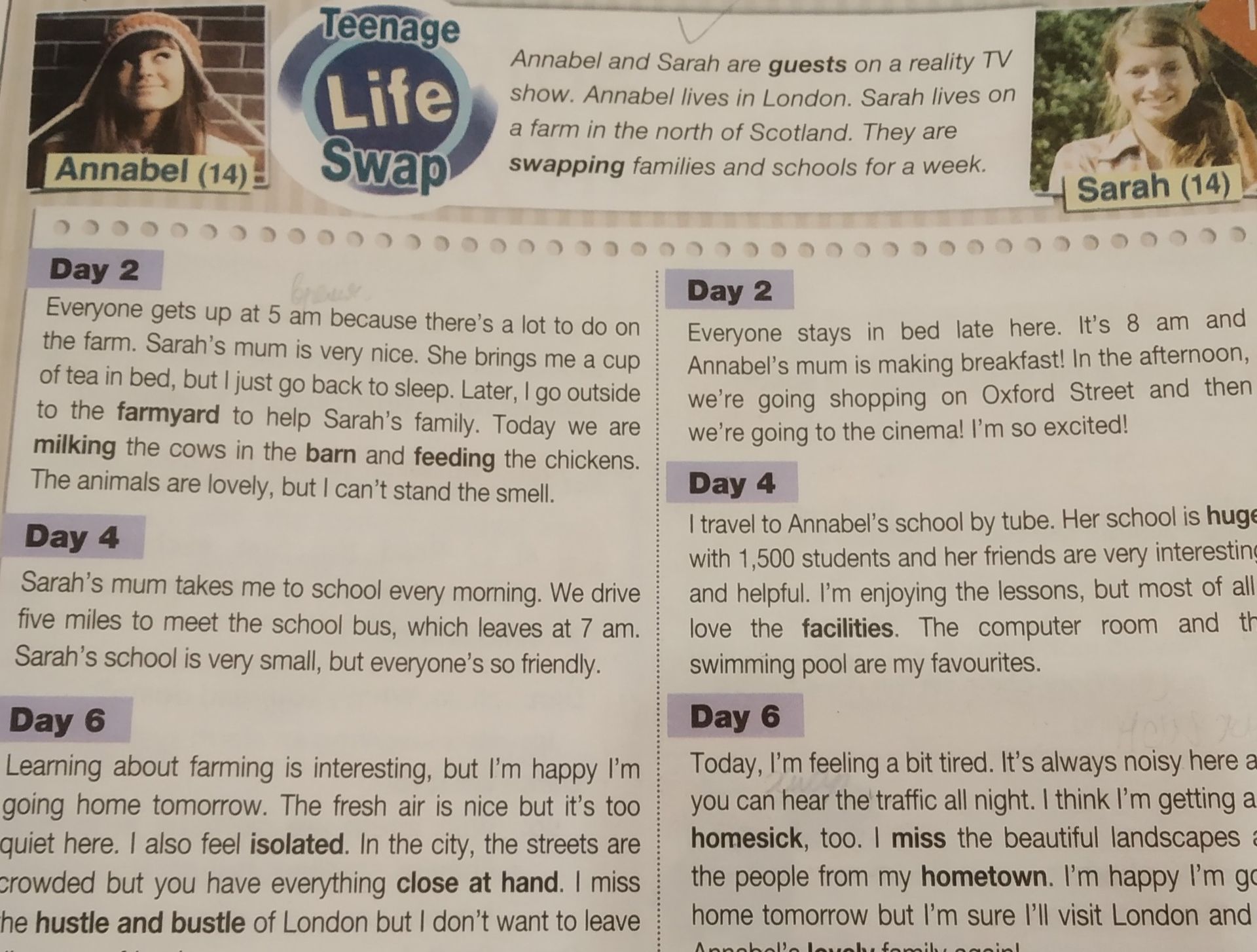 Фото задания: На изображении представлен текст «Teenage Life Swap» о реалити-шоу, в котором Аннабел из Лондона и Сара с фермы на севере…
