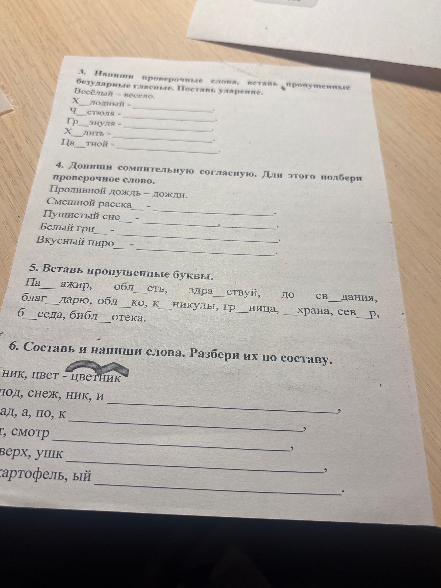 Фото задания: 5. Вставь пропущенные буквы. Па__ажир, обл__сть, здра__ствуй, до св__дания, благ__дарю, обл__ко, к__никулы, гр__ница,…