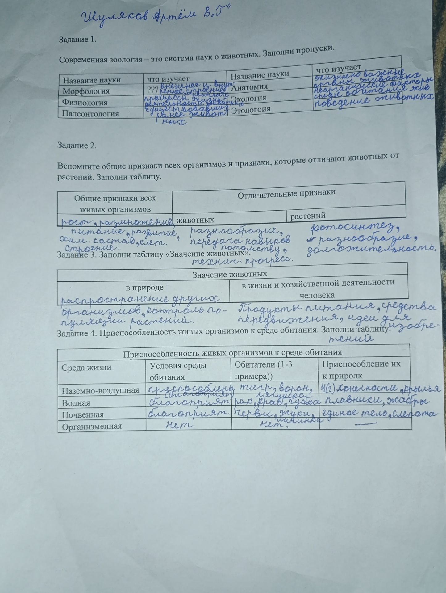 Фото задания: Задание 1. Современная зоология — это система наук о животных. Заполни пропуски в таблице: Морфология, Физиология,…