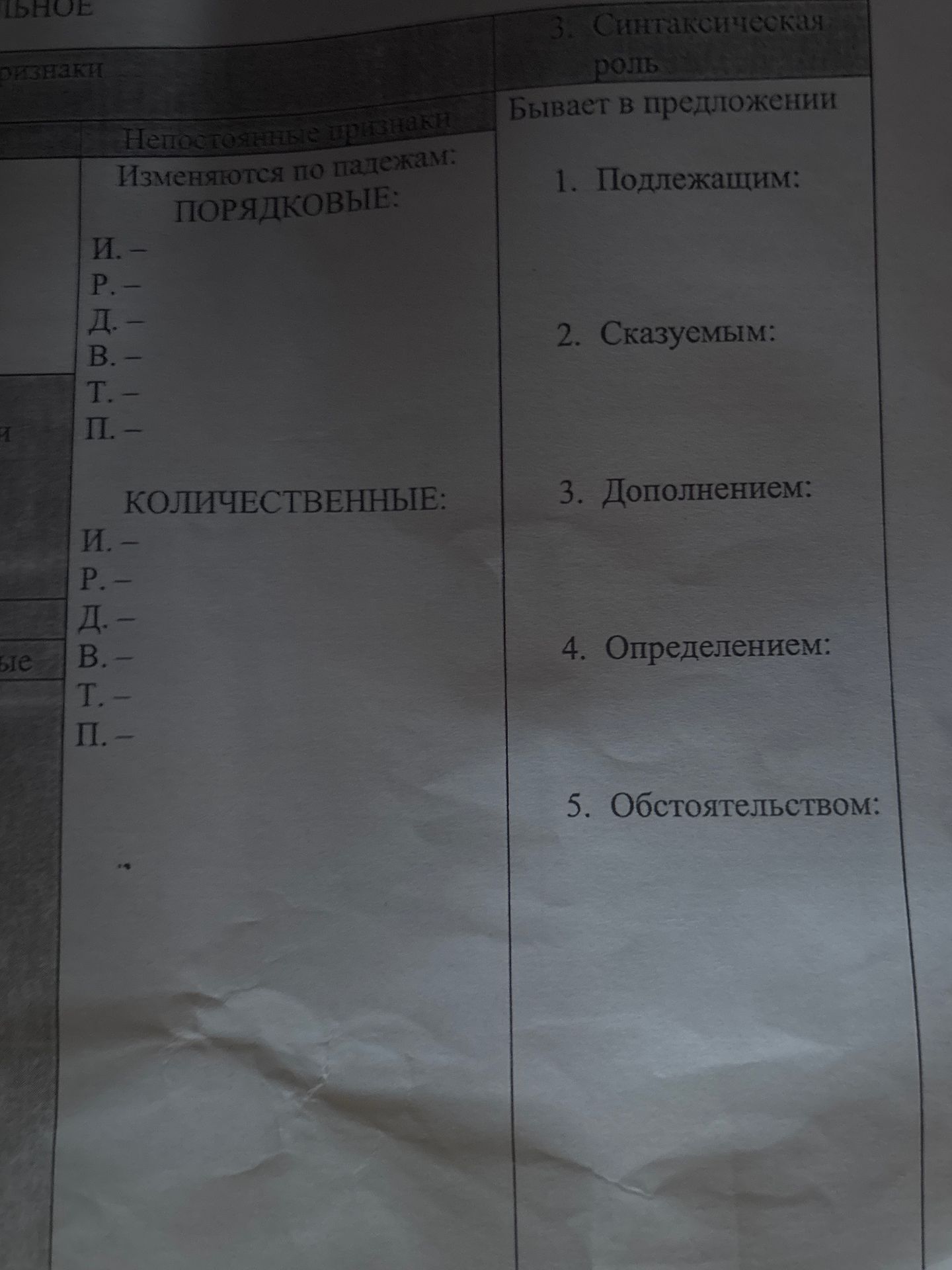 Фото задания: Таблица «Имя существительное»: непостоянные признаки — изменяются по падежам: порядковые: И., Р., Д., В., Т., П.;…