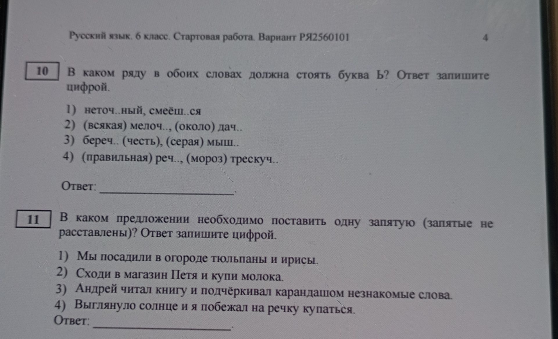 Фото задания: 10. В каком ряду в обоих словах должна стоять буква Ь? Ответ запишите цифрой. 1) неточ..ный, смеёш..ся 2) (всякая) мелоч..,…