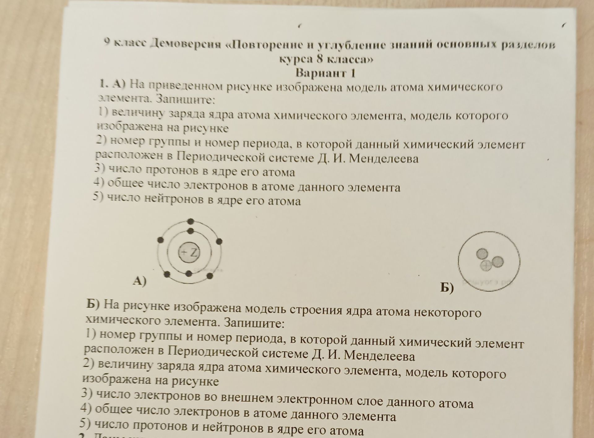 Фото задания: 1. А) На приведённом рисунке изображена модель атома химического элемента. Запишите: 1) величину заряда ядра атома…