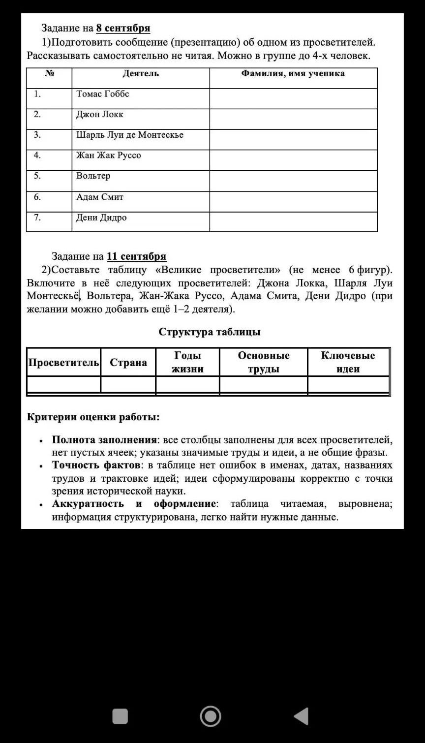 Фото задания: Задание на 11 сентября. Составьте таблицу «Великие просветители» (не менее 6 фигур). Включите в неё следующих…