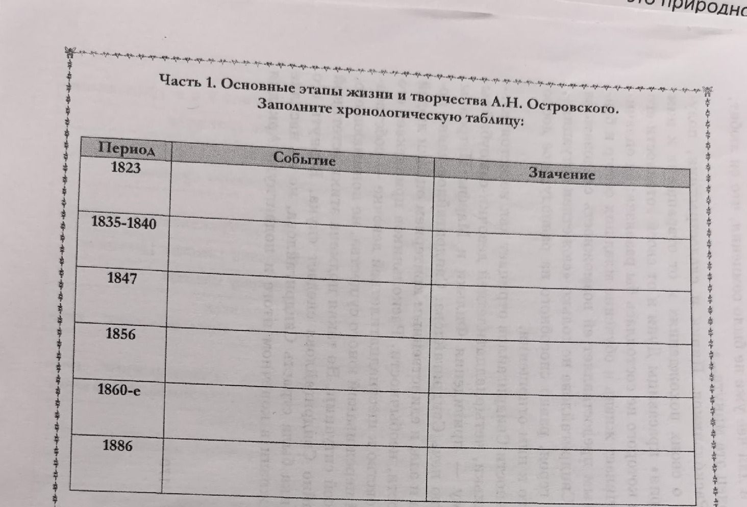 Фото задания: Заполните хронологическую таблицу «Основные этапы жизни и творчества А. Н. Островского»: 1823; 1835–1840; 1847; 1856; 1860-е;…