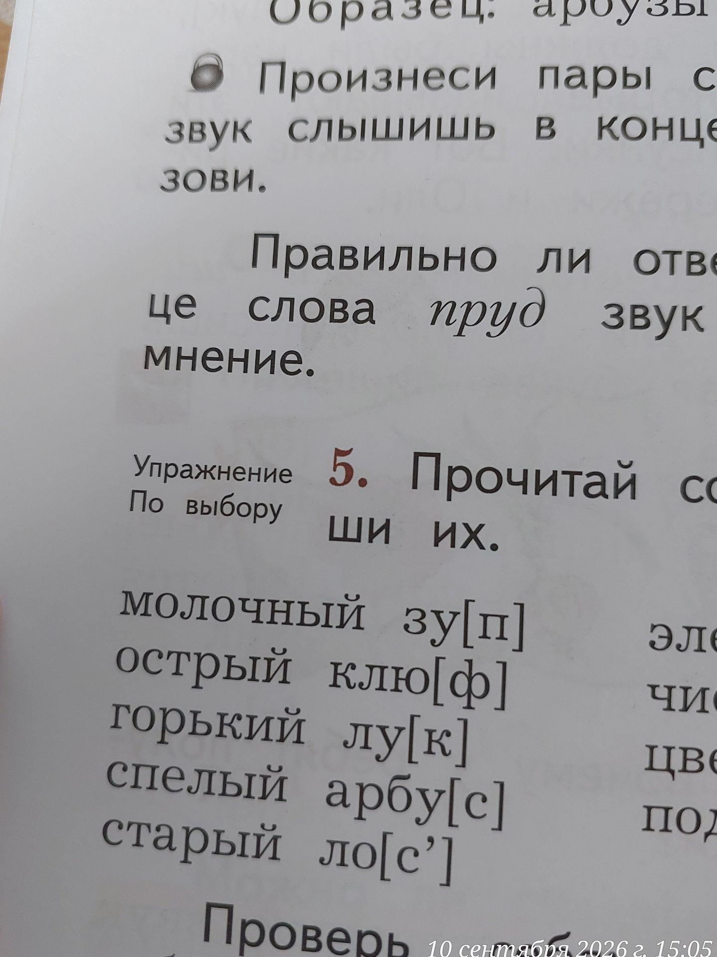 Фото задания: Произнеси пары слов и определи, какой звук слышишь в конце слова. [Текст задания обрезан на фотографии.]