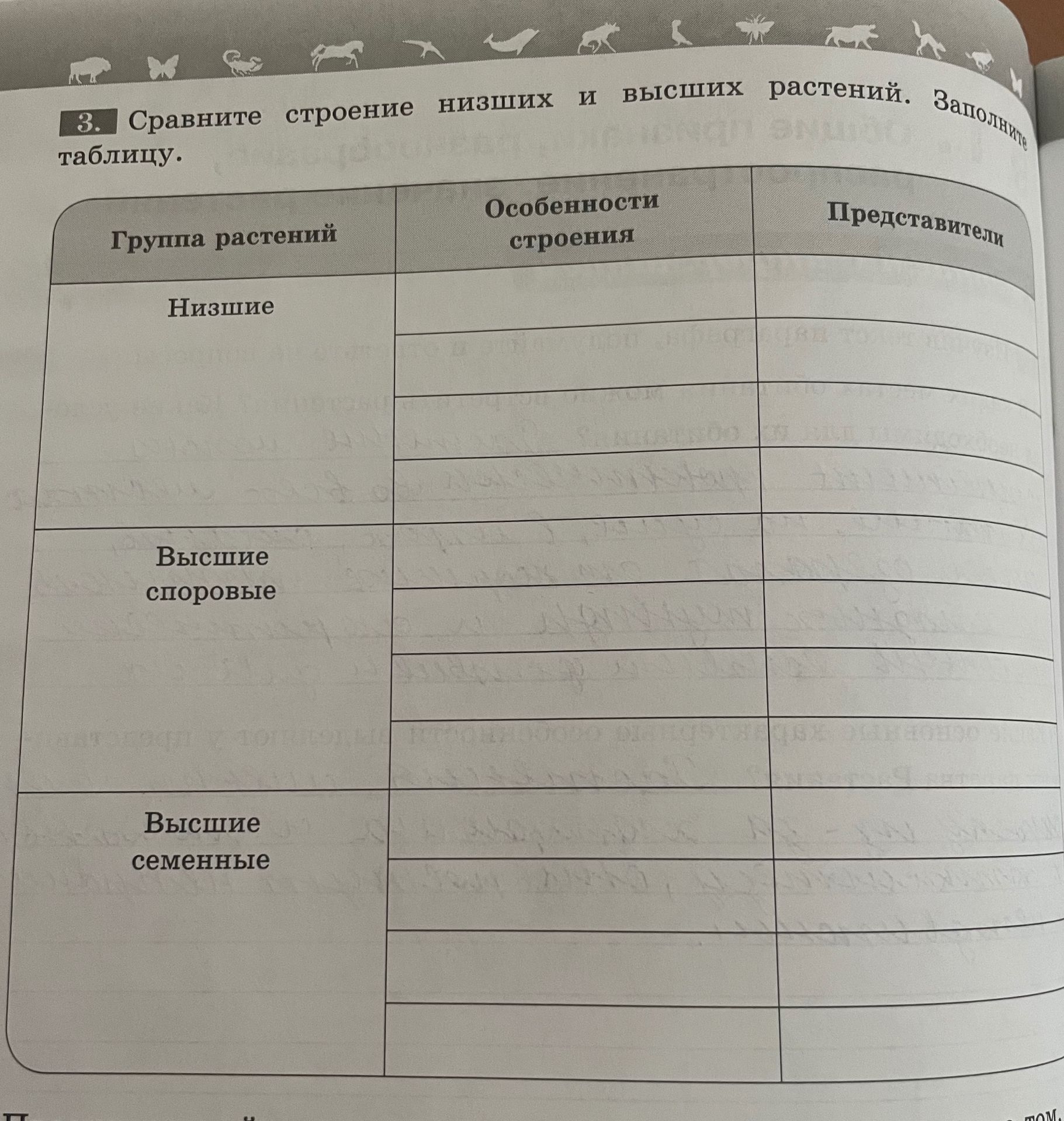 Фото задания: 3. Сравните строение низших и высших растений. Заполните таблицу.