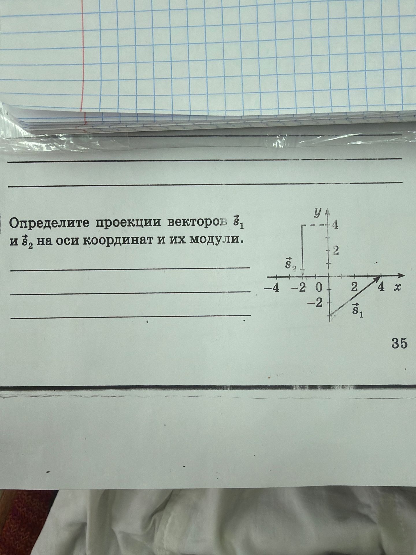 Фото задания: Определите проекции векторов \(\vec{s}_1\) и \(\vec{s}_2\) на оси координат и их модули.
