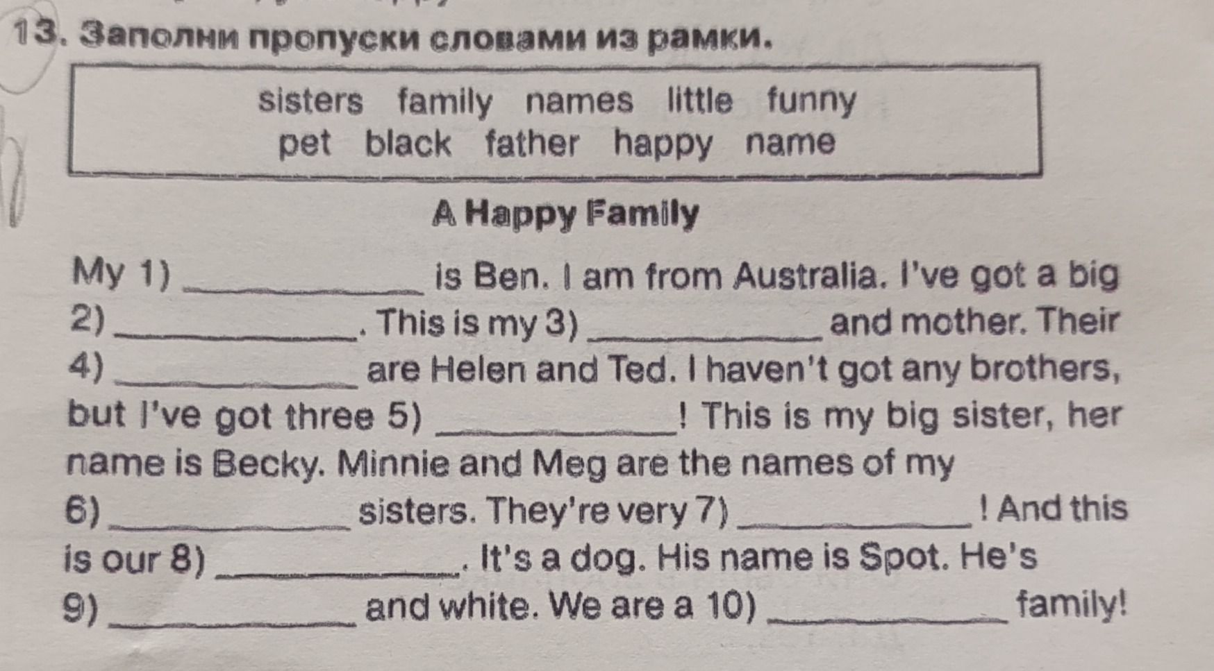 Фото задания: 13. Fill in the gaps with the words from the box: sisters, family, names, little, funny, pet, black, father, happy, name. A…