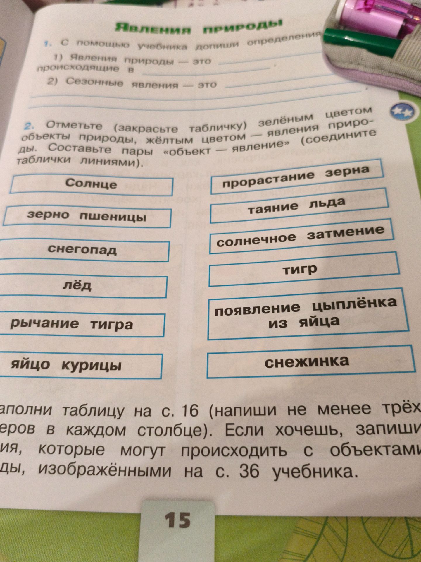 Фото задания: 2. Отметьте (закрасьте табличку) зелёным цветом объекты природы, жёлтым цветом — явления природы. Составьте пары «объект —…