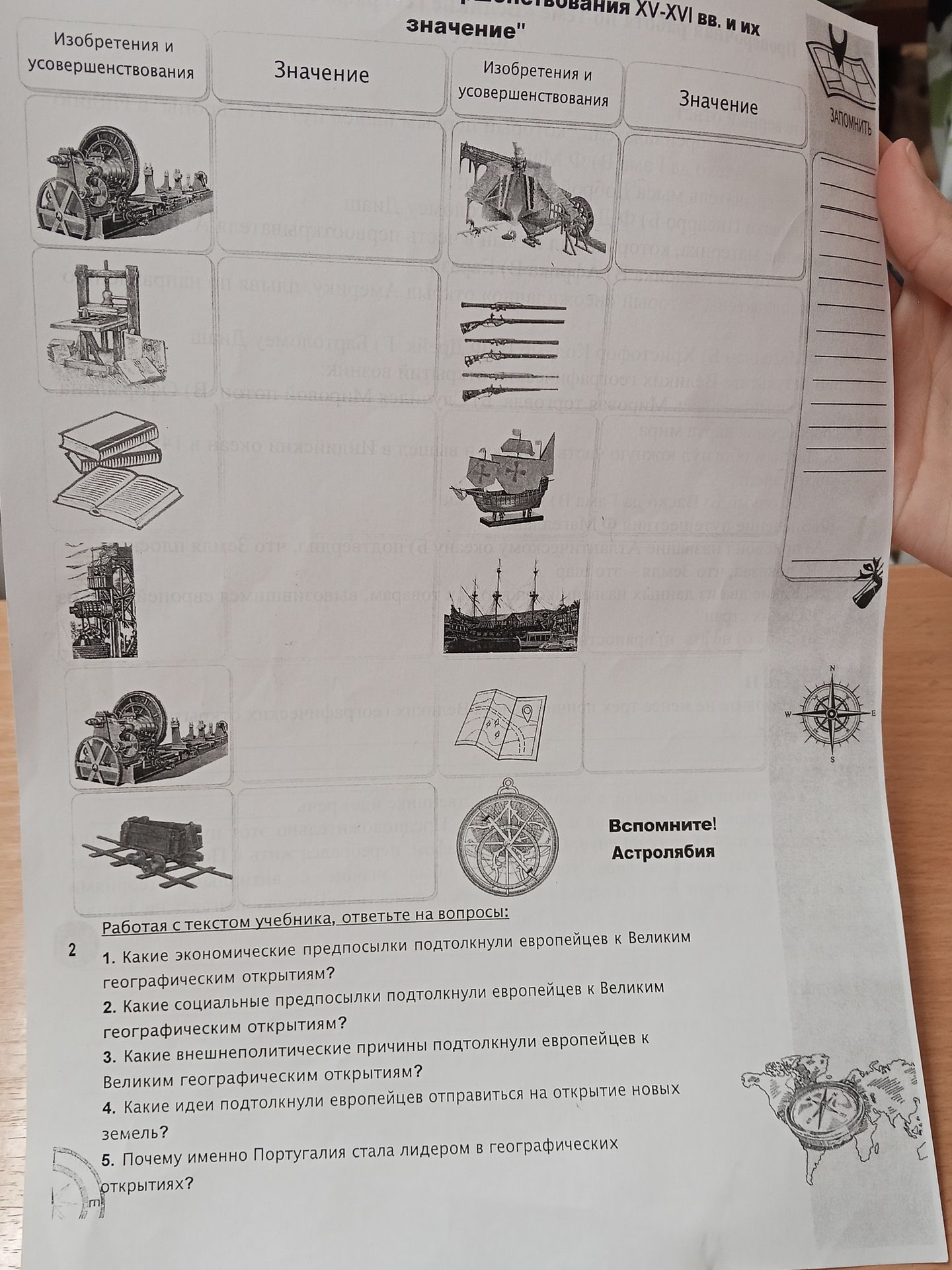 Фото задания: Заполните таблицу «Изобретения и усовершенствования XV–XVI вв. и их значение». По изображениям определите изобретения и…