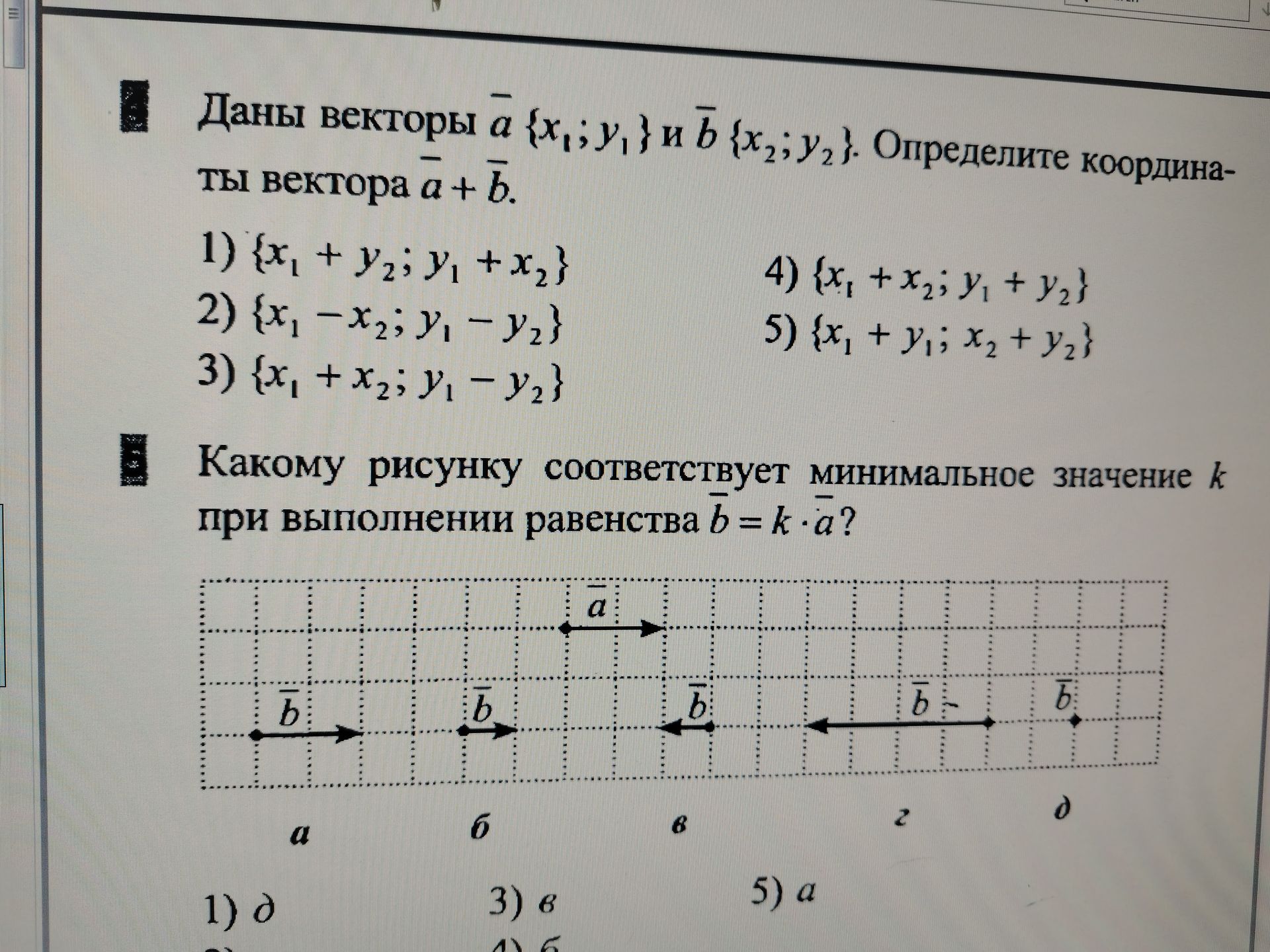 Фото задания: Какому рисунку соответствует минимальное значение k при выполнении равенства \(\vec b = k\cdot\vec a\)? Рисунки: а, б, в,…