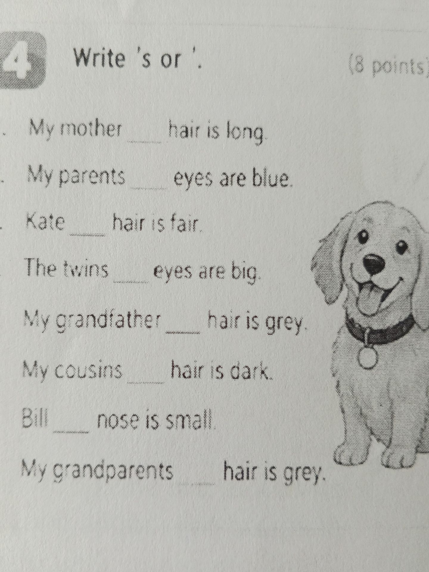 Фото задания: Write ’s or ’. My mother ___ hair is long. My parents ___ eyes are blue. Kate ___ hair is fair. The twins ___ eyes are big.…